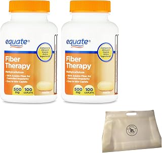 Equate Fiber Therapy Methylcellulose Fiber Caplets 500 mg 100 Count (Pack of 2) Bundle with Reusable Food Pouch