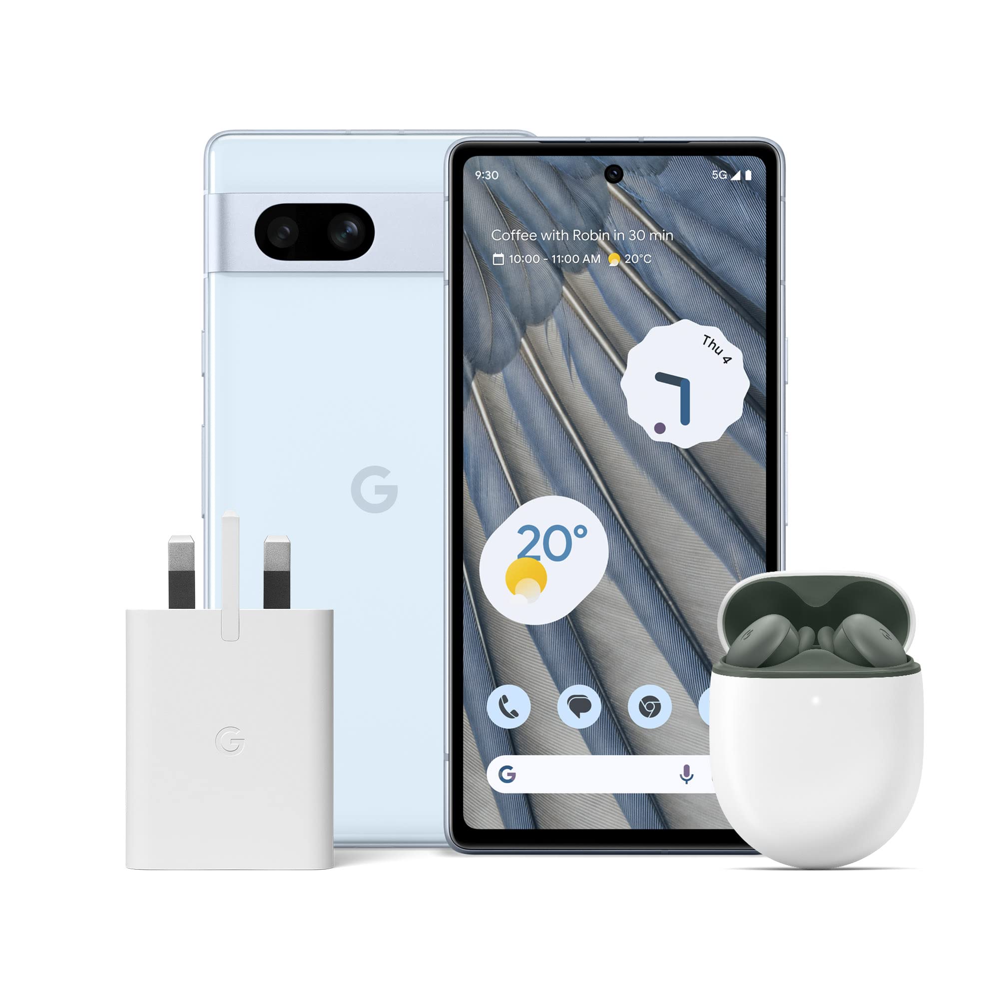 Google Pixel 7a and charger – Unlocked Android 5G smartphone with wide-angle lens and 24-hour battery – Sea + Pixel Buds A-Series – Wireless earbuds – Dark Olive (Amazon Exclusive)
