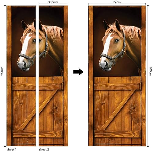 Miniatura 3 de Murales 3D de caballo en el establo para puerta, calcomanías adhesivas para despegar y pegar, calcomanías de vinilo extraíbles HD para decoración de
