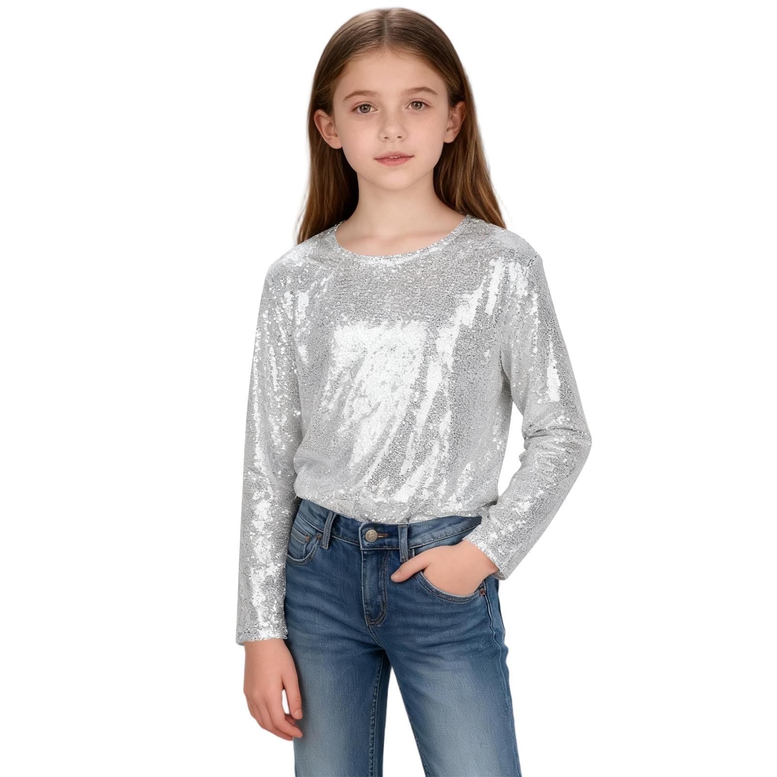 Camiseta de manga larga brillante con lentejuelas para niñas, para fiestas de cumpleaños, adolescentes, elegante, para escuela, carnaval, baile