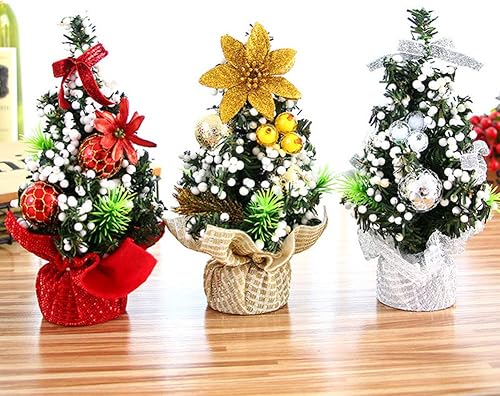 Miniatura 7 de Ewer 3 piezas de mini árbol de Navidad artificial para decoración de árbol de Navidad con adornos, árbol en miniatura con bola, nieve y bolas para