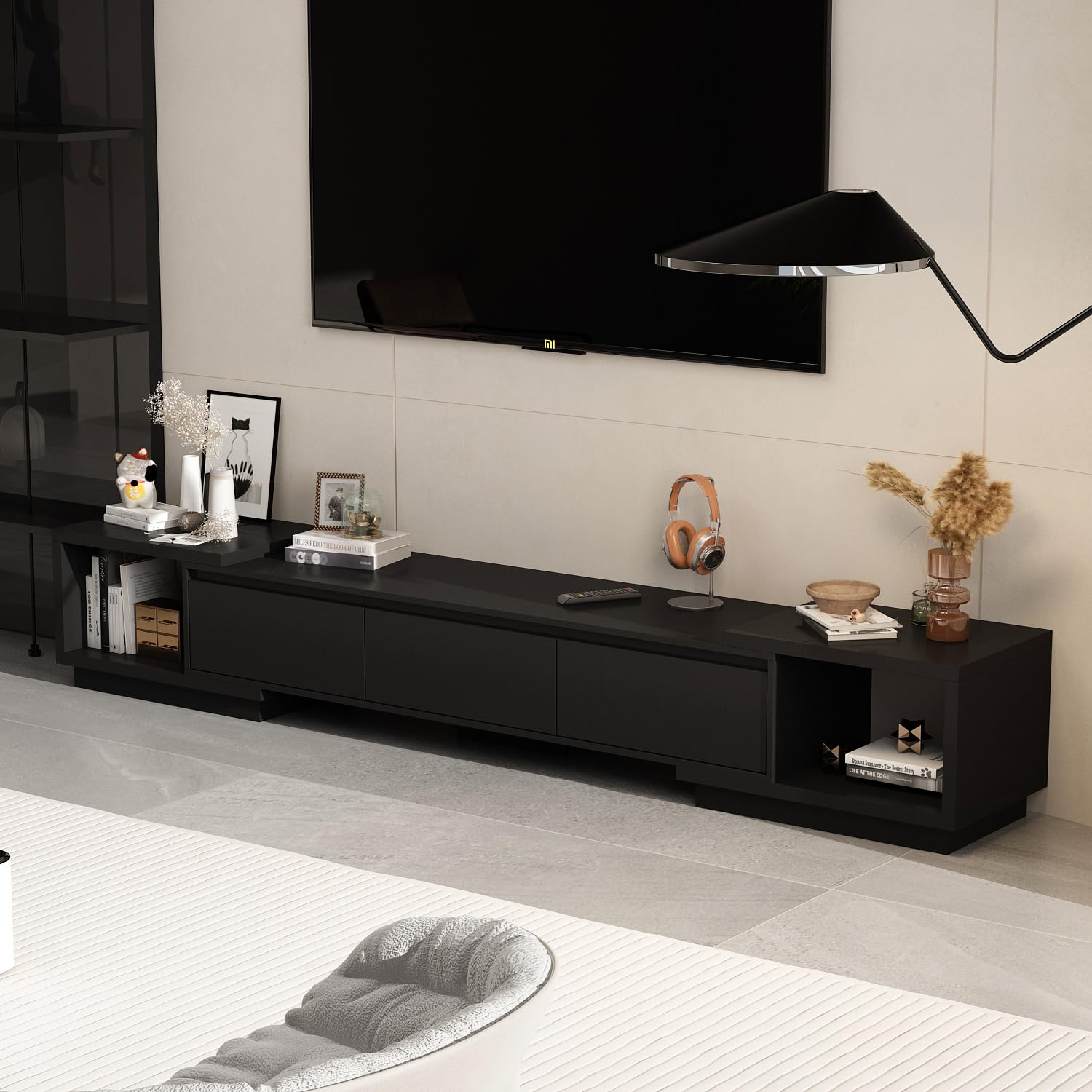 Caldion Verstellbares TV Schrank,160-270 cm Breit,Lowboard für Fernseher,Fernsehtisch mit 3 Schubladen,Tv Board,Tv Tisch,TV Bank,für Wohnzimmer Schlafzimmer,Schwarz,270x40x39cm