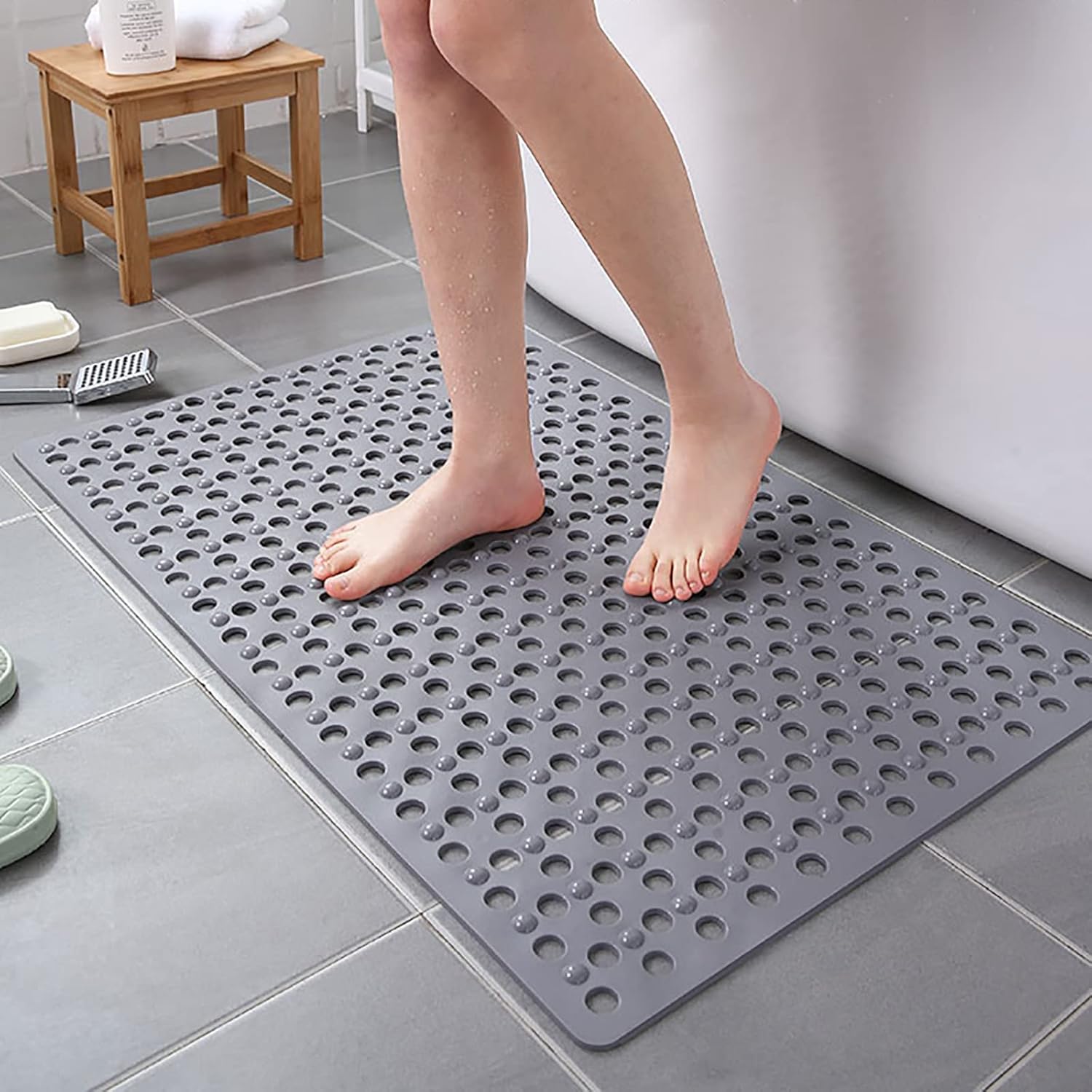 PVC Bathroom Mat,Rectangle Non Slip Shower Mat With Drain Holes And Suction Cup,Machine Washable,Thick Durable Tub Mat Comfy Massage Bathroom Mat for Shower Stall Bathtub Spa Room-Grey 40x80cm(16x31in