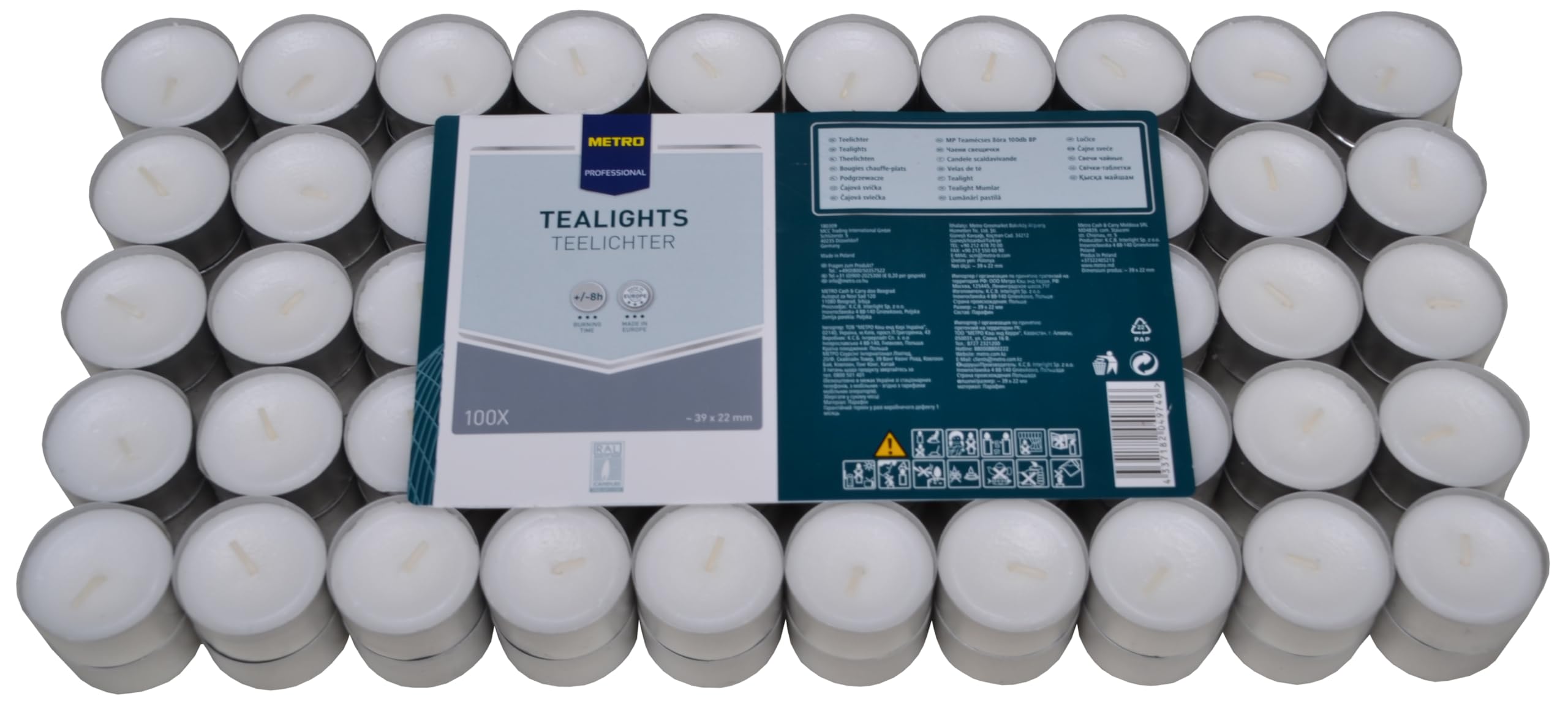 METRO Professional Velas de té, parafina, Ø 3.9 x 2.2 cm, duración 8 horas, blanco, 100 unidades