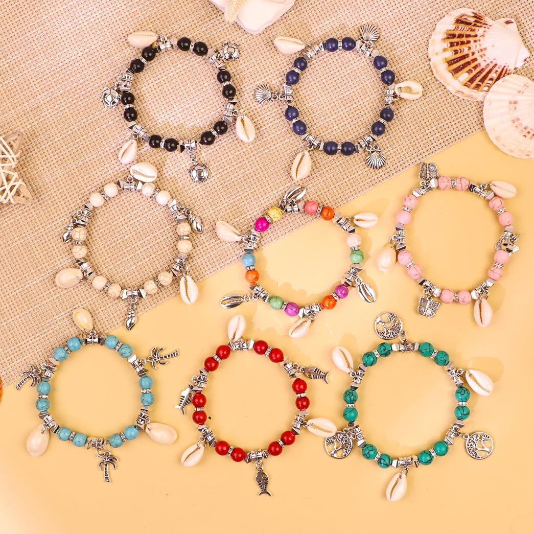 Pingyongchang Colorful Turquoise Beaded Stretch Bracelet Boho Handmade Sea Turtle Shell Conch Palm Trees Natural Stone Bracelet Summer Beach Jewelry Gifts for Women - Image 4