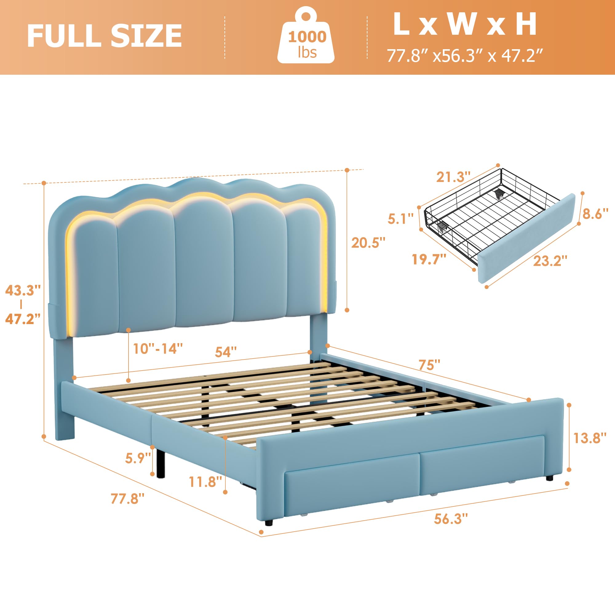 Queen Upholstered LED Bed Frame with 2 Storage Drawers and Adjustable Chic Double Wavy Headboard, Velvet Princess Platform Bed with Charing Station, Solid Wood Slats Support,No Box Spring Needed, Pink: Blue Full