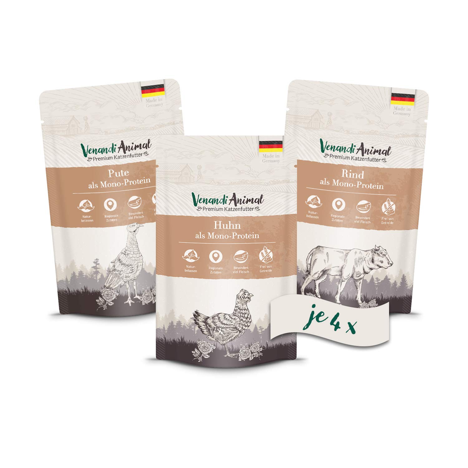 Venandi Animal Premium Nassfutter für Katzen, Probierpaket II, Pferd, Kalb, Truthahn, 12 x 125 g, 1.5 kg & Premium Nassfutter für Katzen, Probierpaket I, Huhn, Pute, Rind, 12 x 125 g, 1.5 kg