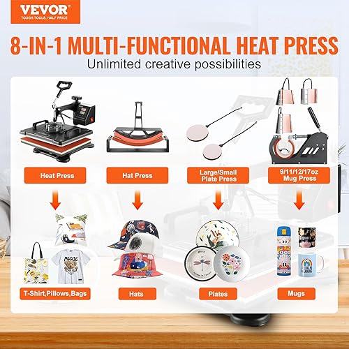 Miniatura 2 de VEVOR Máquina de prensa de calor 8 en 1, máquina de prensa de camisetas oscilante de 360° para impresión de sombreros, tazas, camisetas, gorras,