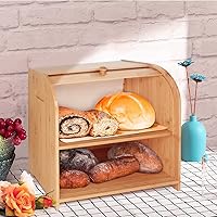 Vista 2 de Purbambo Caja de pan de bambú para encimera de cocina, doble capa Roll-top cajas de almacenamiento de pan conservador de alimentos con estante medio
