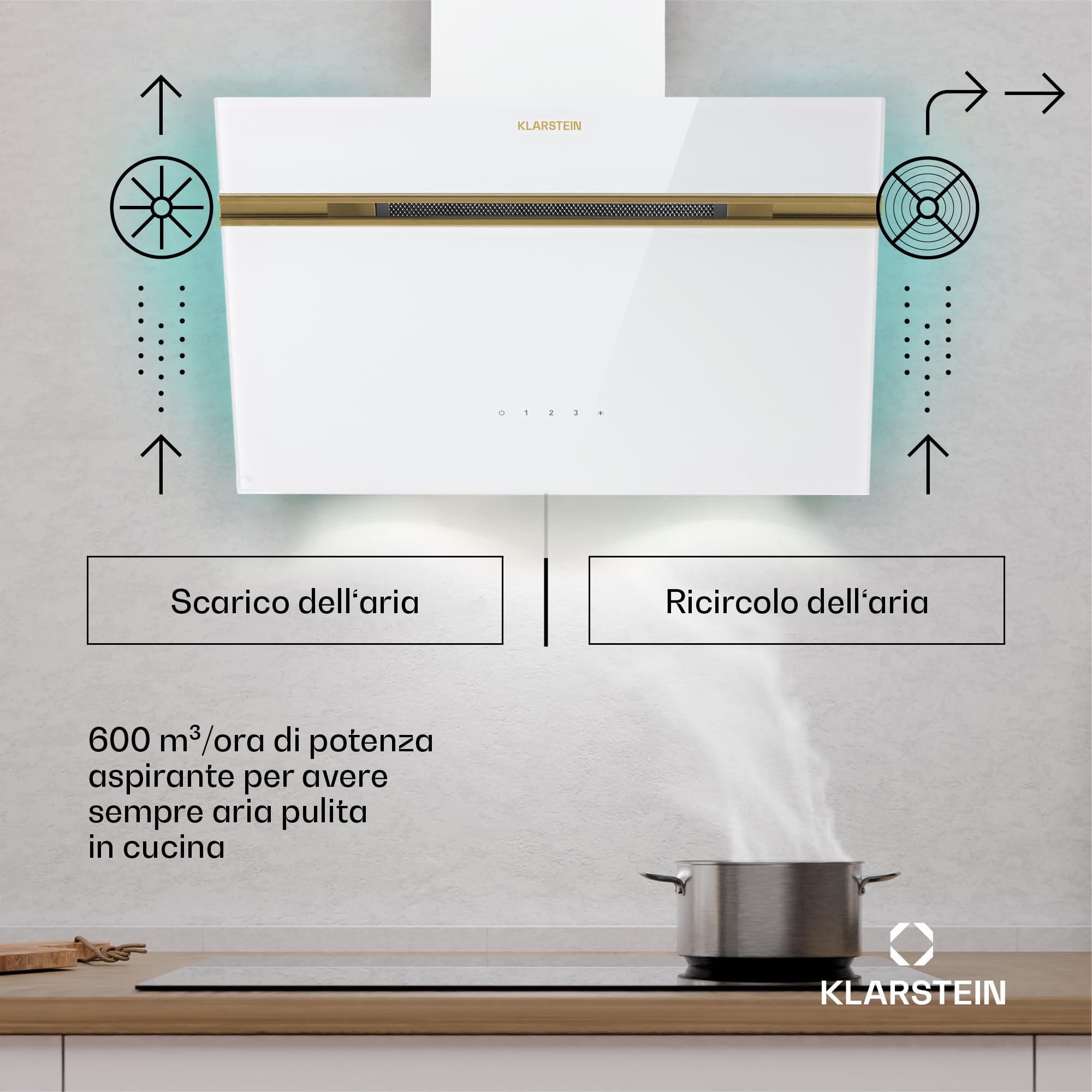 Klarstein Alina - Cappa Aspirante, 60cm, Cappa a Parete, 600 m³/ora, LED 9 Colori, Touch Control, Classe A, Silenziosa 52 dB, Bianco-Oro, Scarico & Ricircolo