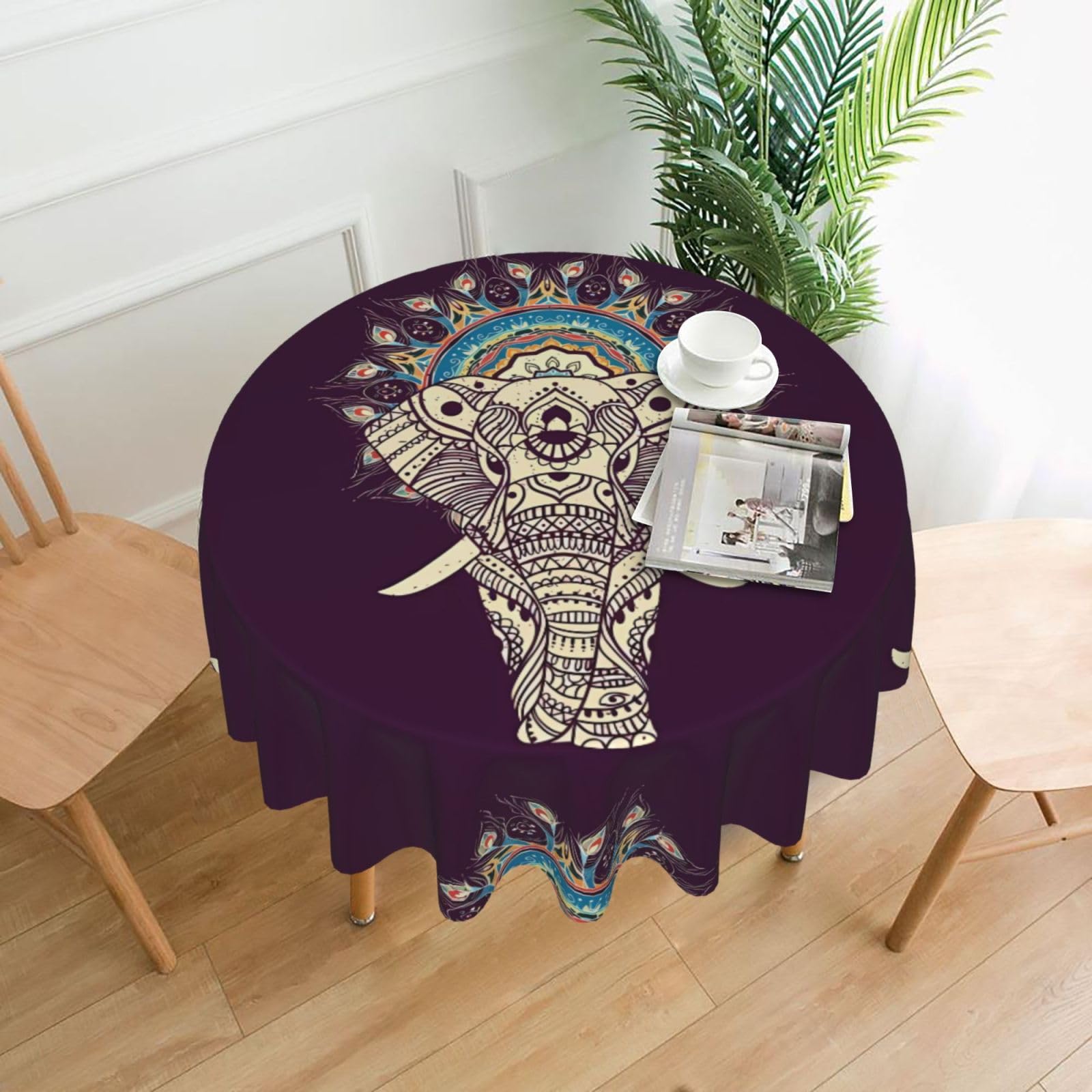 WHJSSF Stylish Boho Map Elephant Prints Round Decorative Tablecloth 60in - Elevate Your Dining Experience with a Stylish & Protective Table Throw