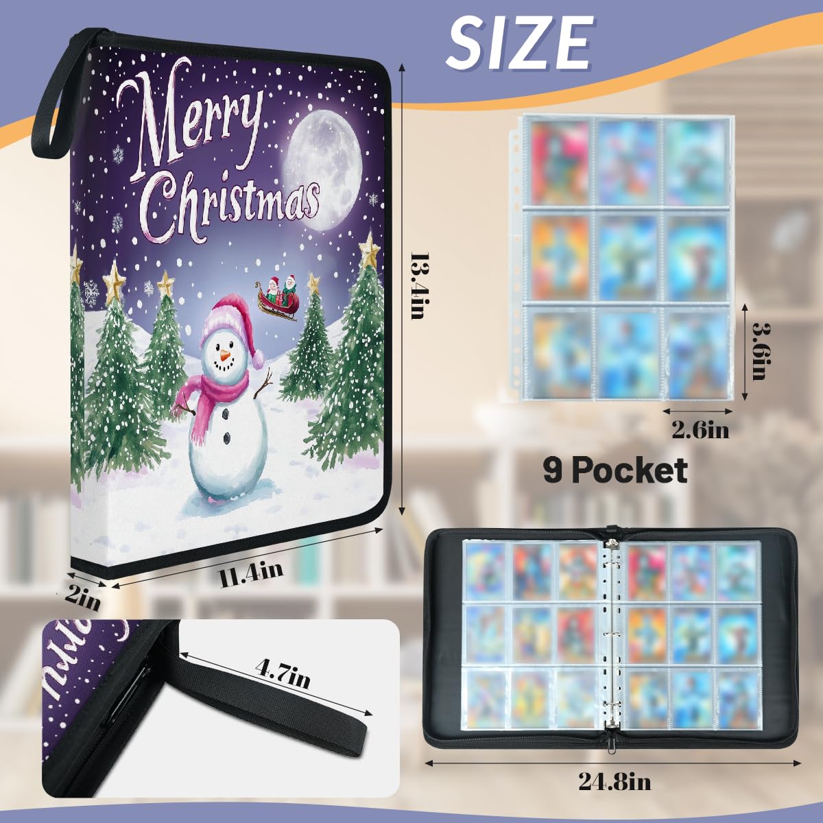 Classeur pour cartes à collectionner - 9 poches - Arbre de Noël - Bonhomme de neige - Avec pochettes amovibles - Étanche - Avec fermeture éclair - Capacité de 50 pages et 900 cartes