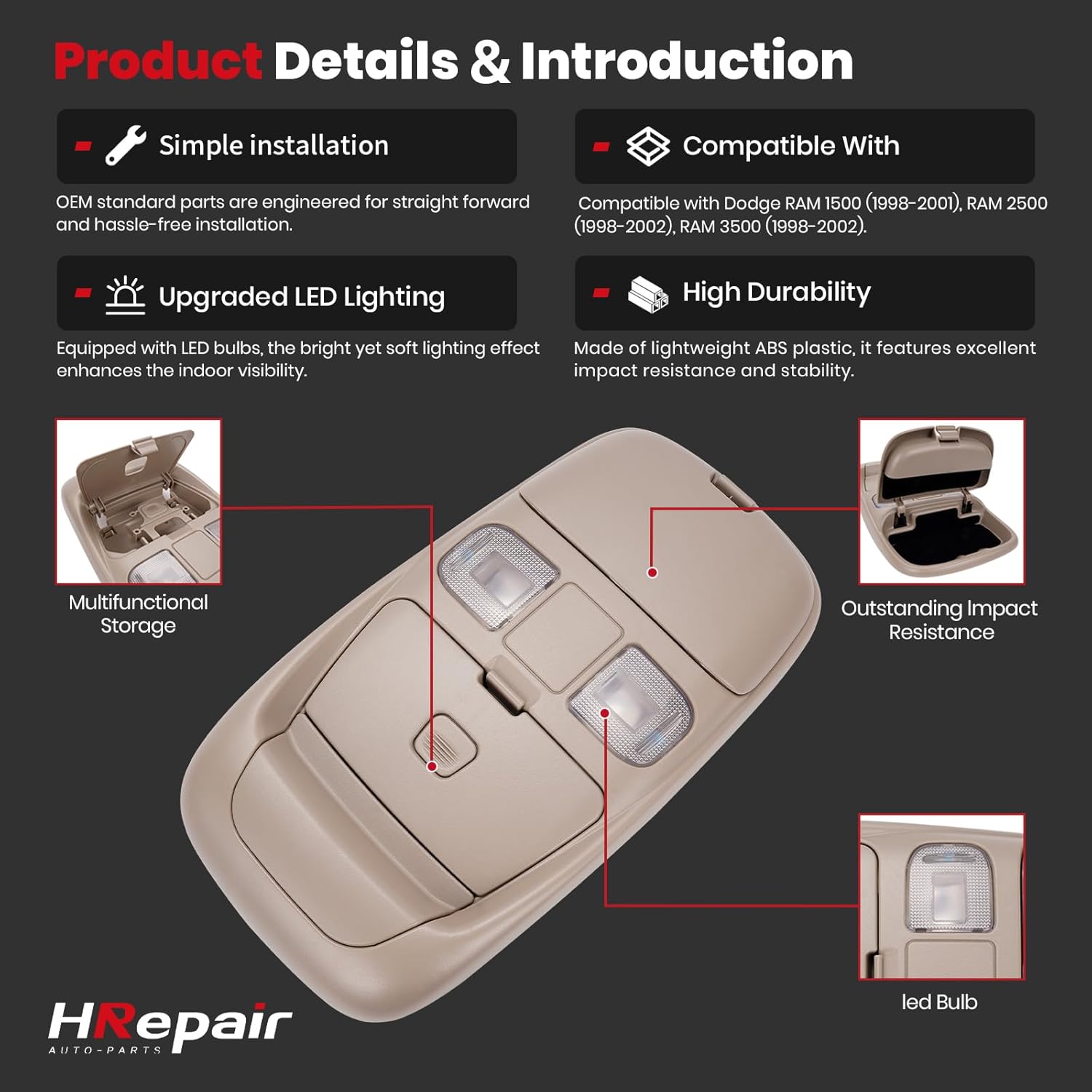 Overhead Console fits for 1998-2001 Dodge Ram 1500 & 1998-2002 Ram 2500 3500 Cab Interior Ceiling Dome Light Assembly Replaces#55350657 SN96TL2AA - Tan