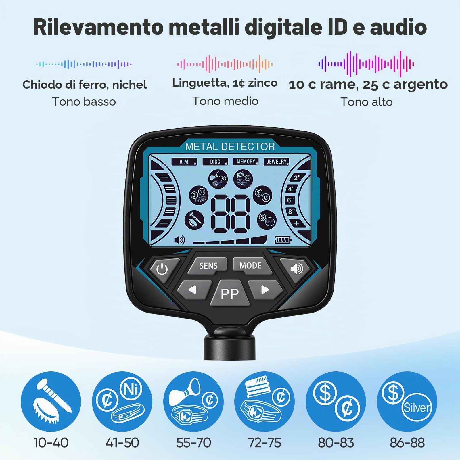 Metal detector Professionale, 5 modalità Gold Detector per adulti e bambini, IP68 impermeabile 26 cm bobina di ricerca con display LCD, alta sensibilità