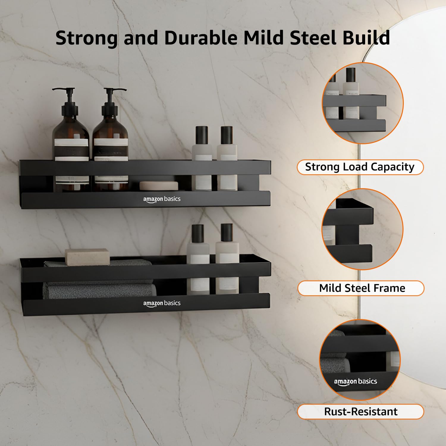 Amazon Basics Wall Mounted Bath Rack- Drill Installation | Large Mild Steel Bathroom Shelf for Shampoo, Conditioner, Soap & Toiletries | Rust-Resistant, Durable & Easy to Clean Bathroom Organizer β 35 x 13.6 x 6.5 cm, Pack of 2, Black 2