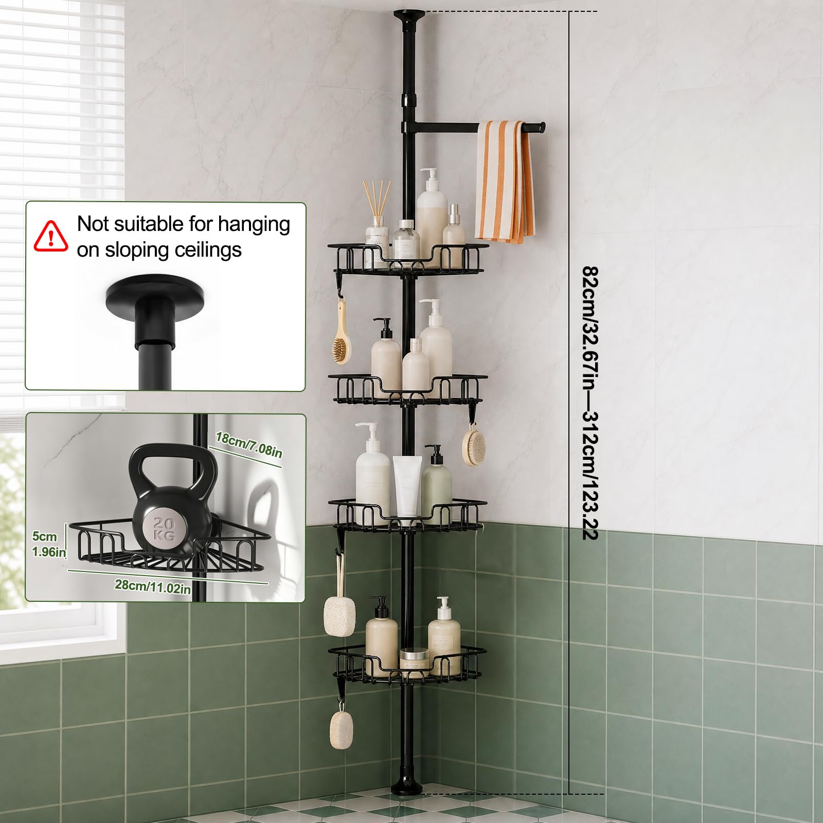 Esquinero Baño Ducha, Estantería Ducha Telescópica | Acero Inoxidable, sin Taladro, Altura Ajustable 83-313 cm, para Esquina Ducha/Bañera, Organizador de Gel Champú Toallas