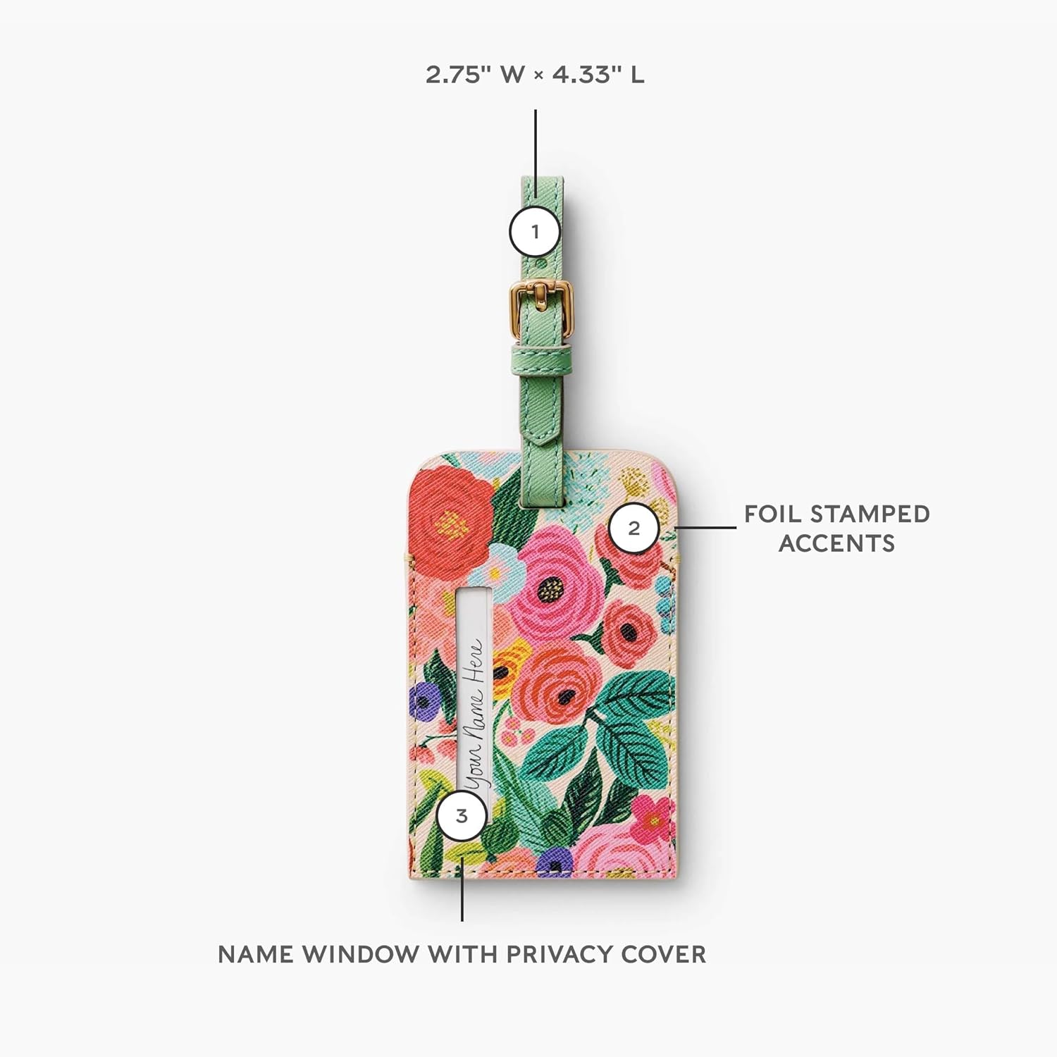 RIFLE PAPER CO. Garden Party Luggage Tag for Suitcase and Luggage, Travel Must Have Accessory for Women, Bag Tags Printed in Full Color with Foil Stamped Logo, 4.33" L × 2.75" W