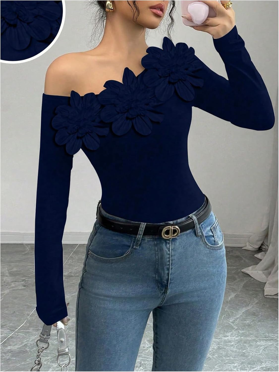 OYOANGLE Women's Floral Appliques Off The Shoulder Top Long Sleeve Fitted Tee Shirts Going Out Tops - Image 5