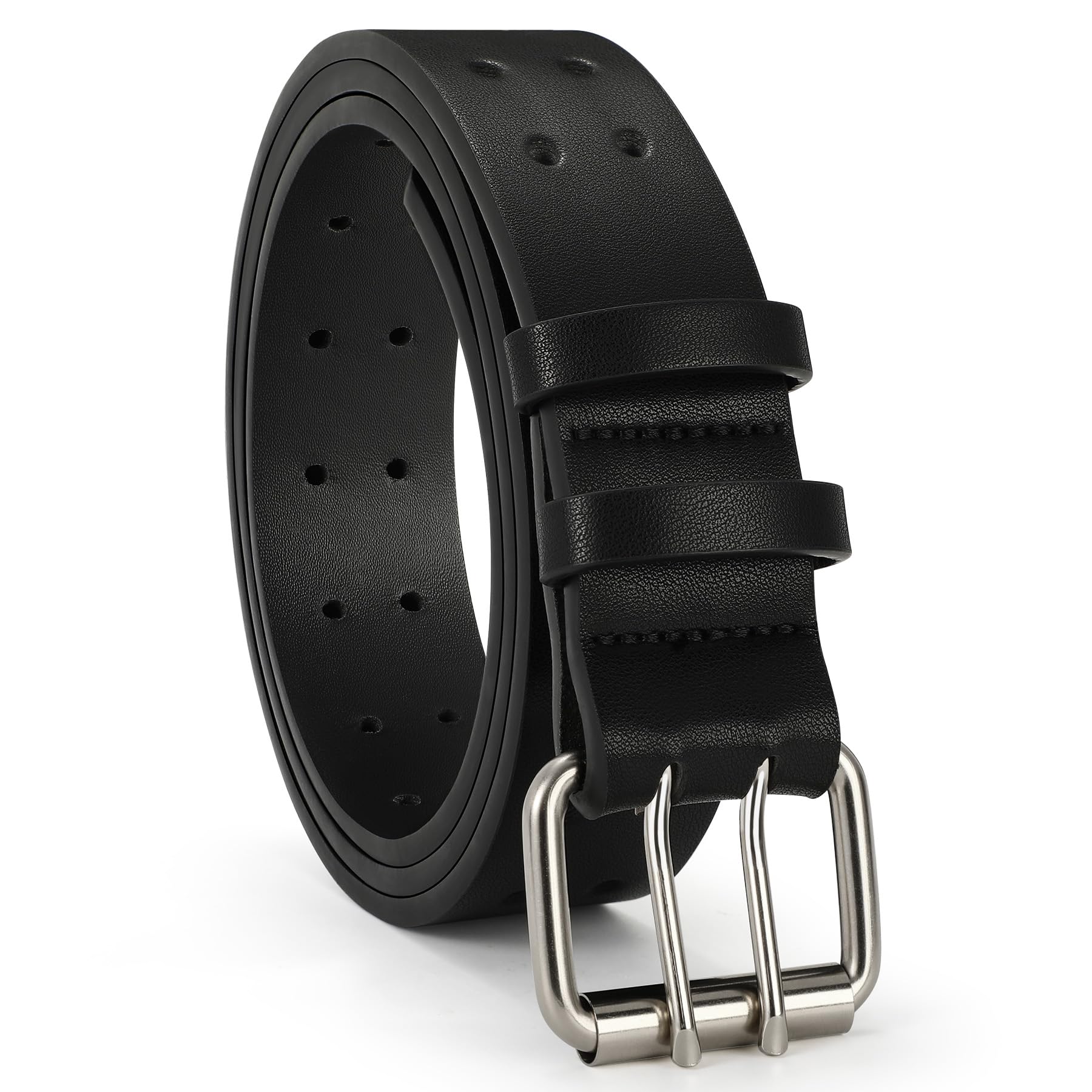 VONMELLI Mens Leather Double Prong Belt Work Casual Belts for Men Black Belt with Heavy Duty Dual Holes