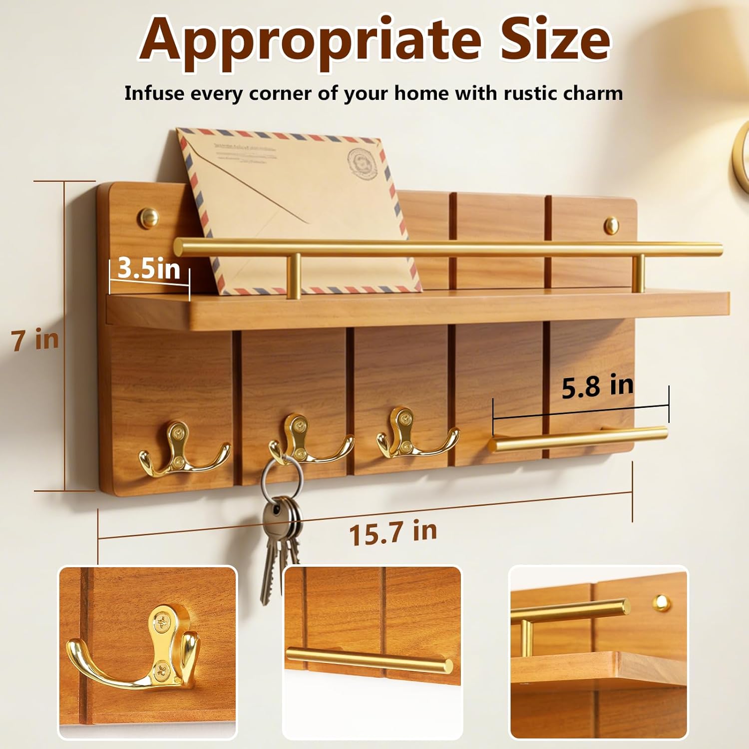 15.7" Teak Wood Key Hooks for Wall, Solid Wood Key Holder Wall Mount, Decorative Mail Organizer with Key Rack and Shelf, Rustic Home Decor for Entryway Living Room Bathroom Bedroom (Large Size)
