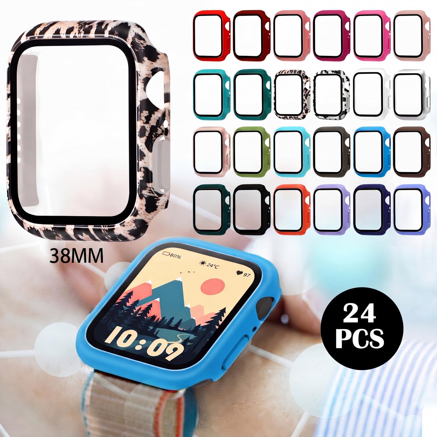 Sieral 24 pellicole protettive per smart watch, custodia rigida in policarbonato con custodia protettiva in vetro temperato, compatibile con iWatch per uomo e donna, colori assortiti (38 mm)