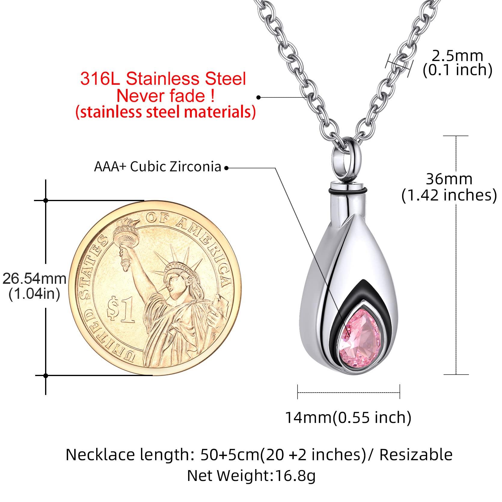 GoldChic Colgantes para Meter Cenizas Seguro Forma Gota de Agua con Cadena 50cm Largo, Colgantes Cenizas Tono Plata Nombre Personalizable, con Caja de Regalo