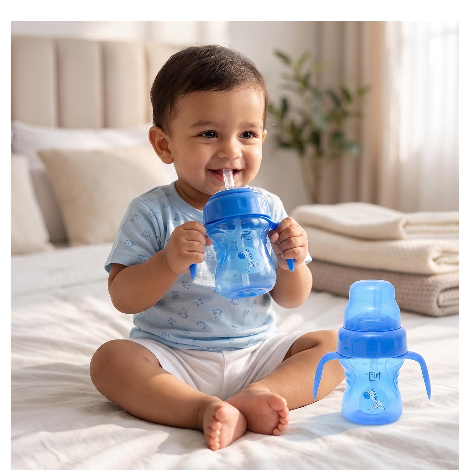 Mee Mee Anti-Spill Interchangeable Baby Sipper Cup 150 ml | Soft Silicone Spout & Straw | BPA Free Training Sippy Cup for Babies 6 Months+ | Blue