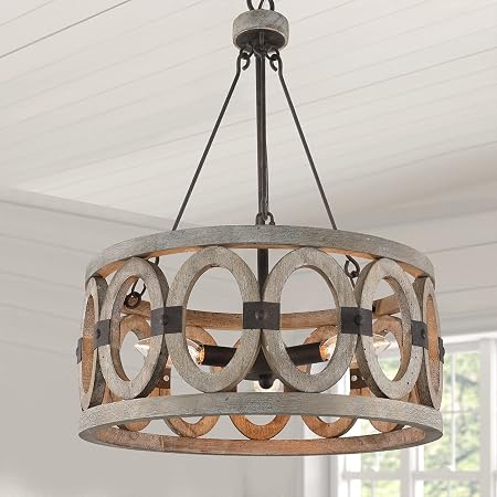 Farmhouse Chandelier,Rustic Wooden Drum 