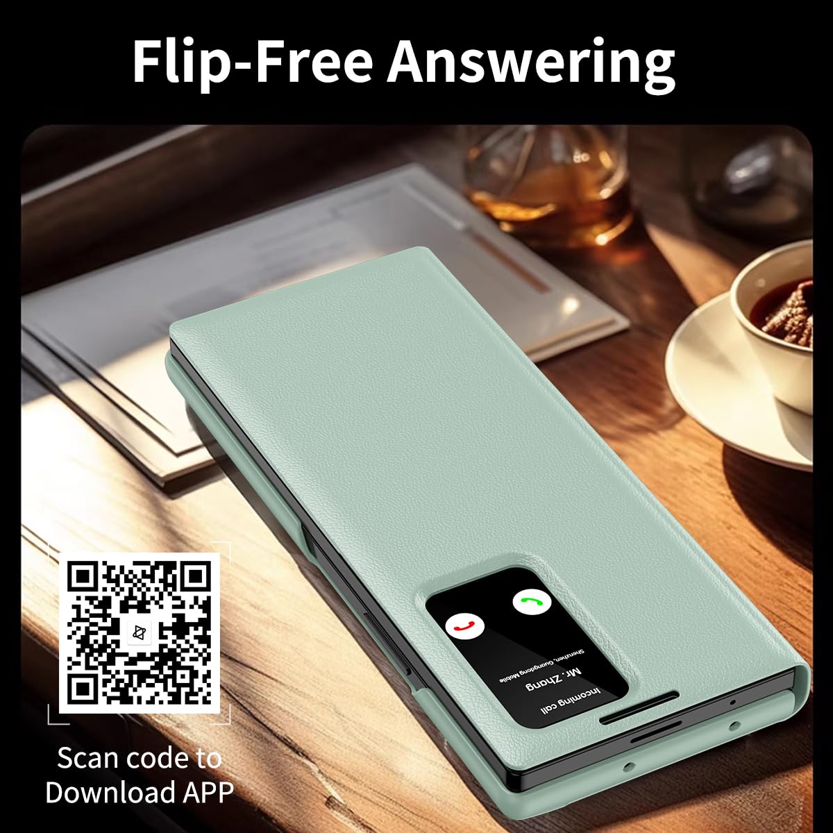 COQUE Etui do Galaxy Z Fold 5 Shell, Smart Window automatyczna sekretarka etui na telefon z 1 miejscem na karty, ekskluzywne skórzane etui ochronne do Samsung Galaxy Z Fold 5 5G zielone