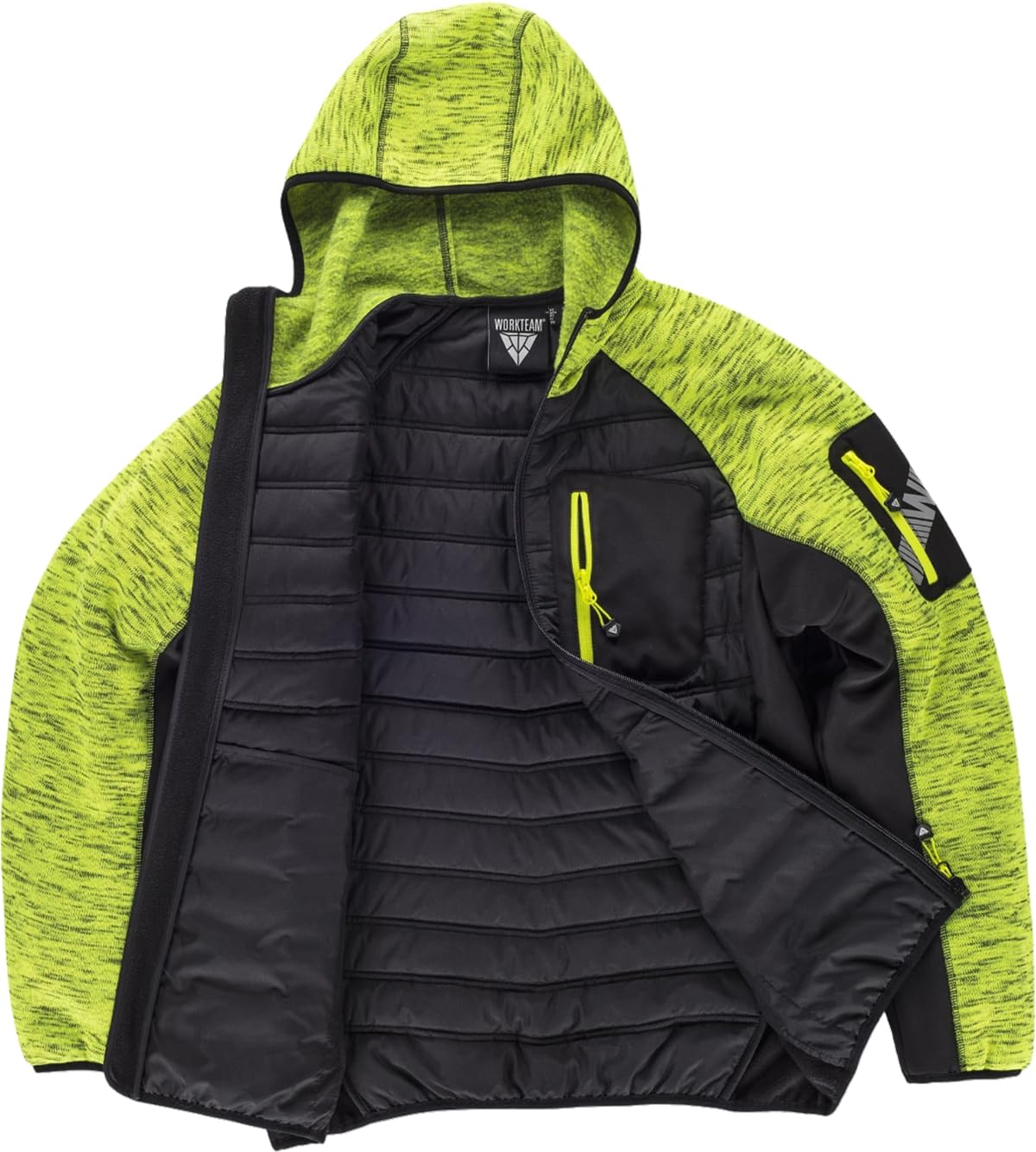 WORKTEAM Chaqueta de Punto Acolchada con Capucha, Combinada con Tejido Softshell, Cierre de Cremallera, Bolsillos con Cremallera, Cuello Alto y Bies Elástico, Unisex