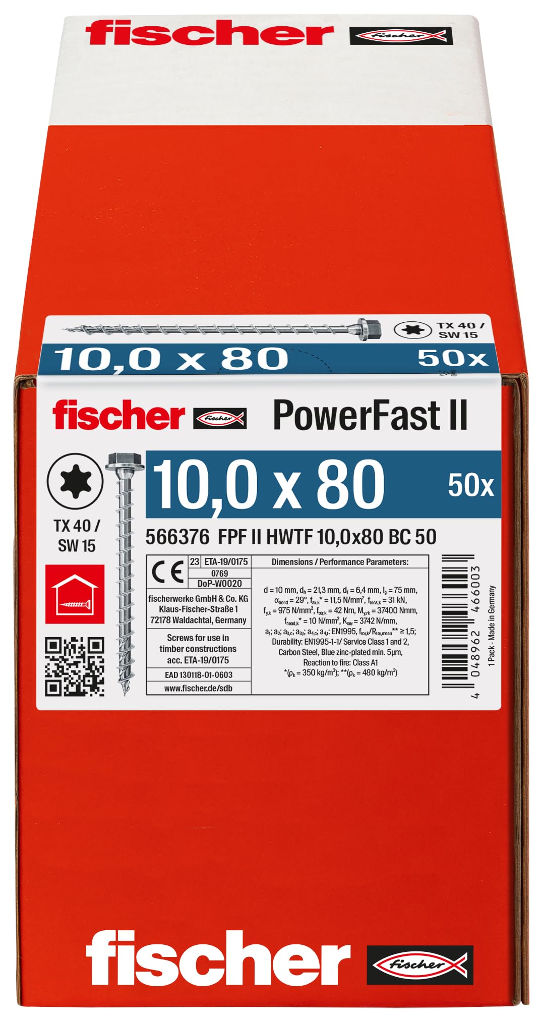 fischer - Tirefond PowerFast FPF II HWTF 10,0x80 revêtement zingué, Filetage Total, tête hexagonale avec Empreinte Torx/Boîte de 50