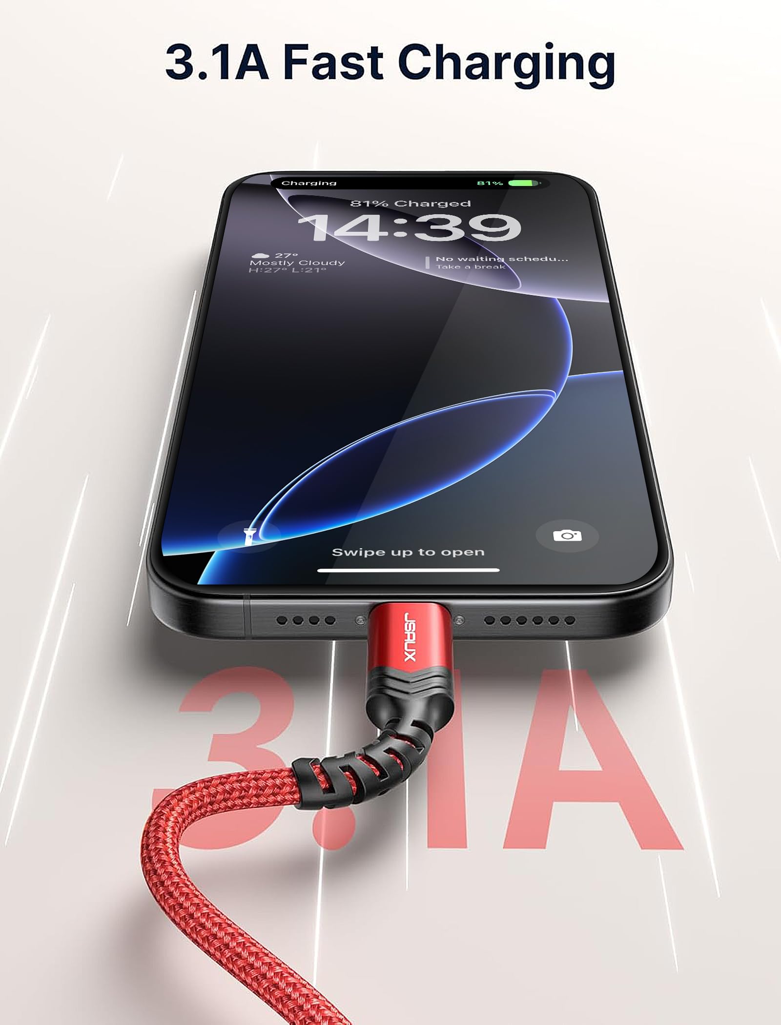 JSAUX Cavo USB Type-C 3.1A [2 Pezzi 2M], Cavo USB C Ricarica Rapida Compatibile con Samsung Galaxy iPhone 16 15 Pro Max, S24 S23 Ultra A55 A53 S22 S21 S20, CarPlay, Android Auto, Controller PS5-Rosso
