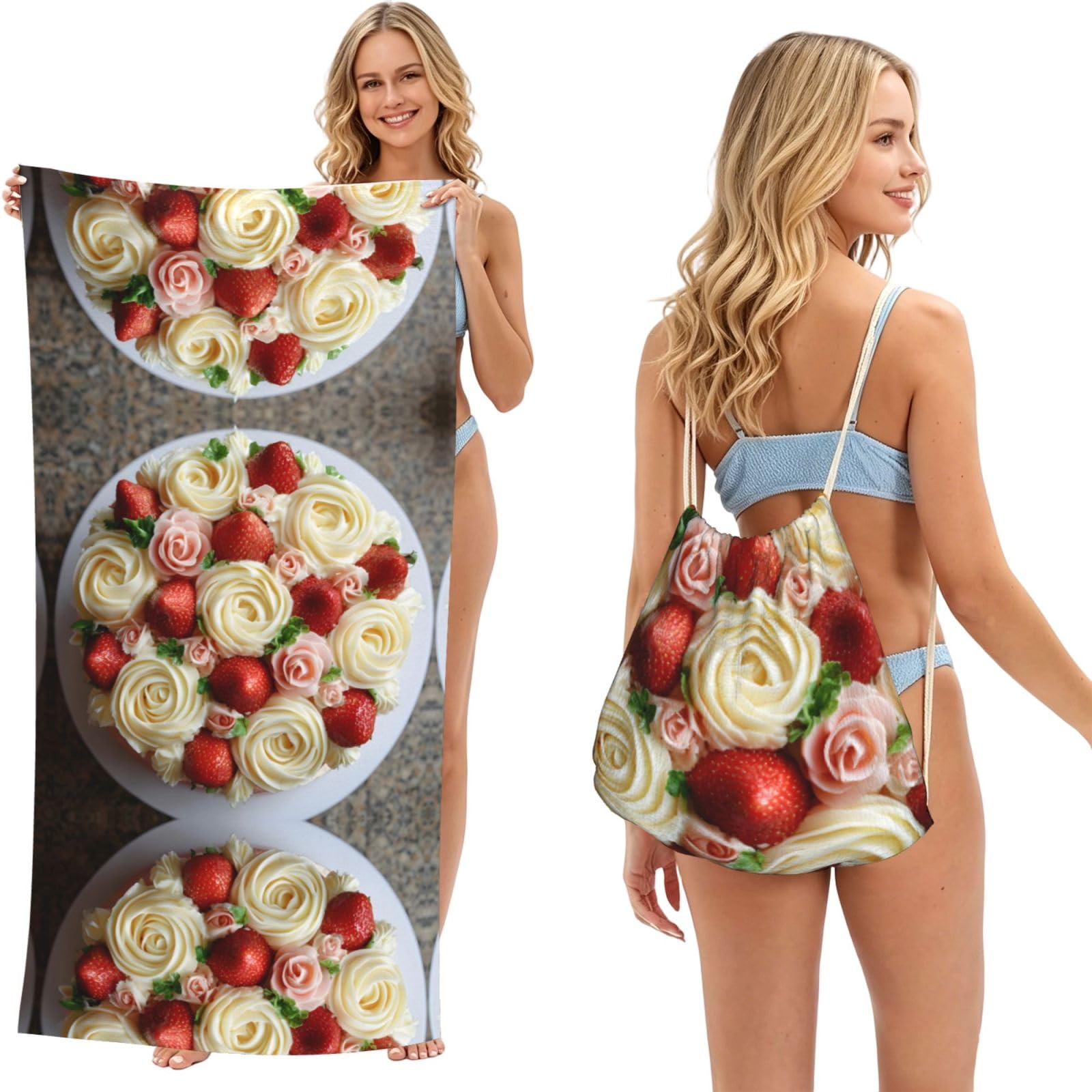 EZDLOWVBA Birthday Cake Cream Roses Print Beach Towel Backpack 2 In 1 Summer Large Lightweight Beach Towel - Multifunctional Ship Pattern Towel Bag For Storage,Sport