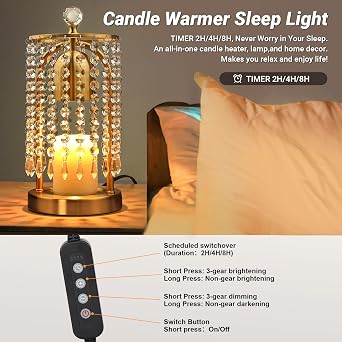Gold Candle Warmer Lamp with Timer and Dimmer - Electric Candle Warmer,Crystal Candle Lamp for Bedroom Decor,Flameless Scented Candle Light Warmer,House Warming Gift New Home for Women