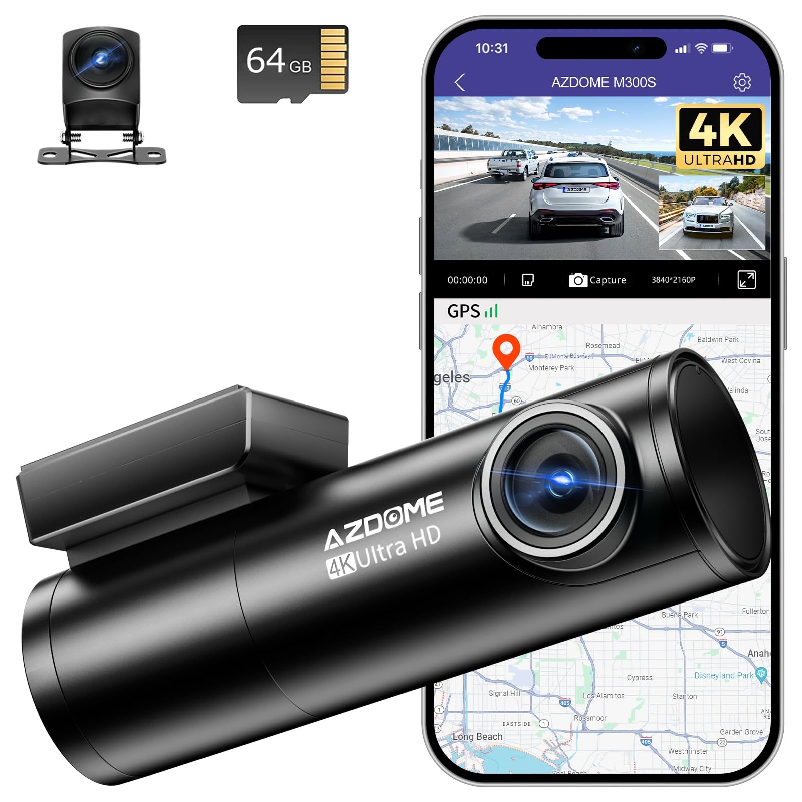 AZDOME 4K Dashcam Voiture Avant Arrière, WiFi GPS Caméra Embarquée Voiture avec Carte SD 64G, ADAS, Camera Voiture Vision Nocturne, WDR, G-Capteur, Mode Stationnement 24H, Enregistrement en Boucle