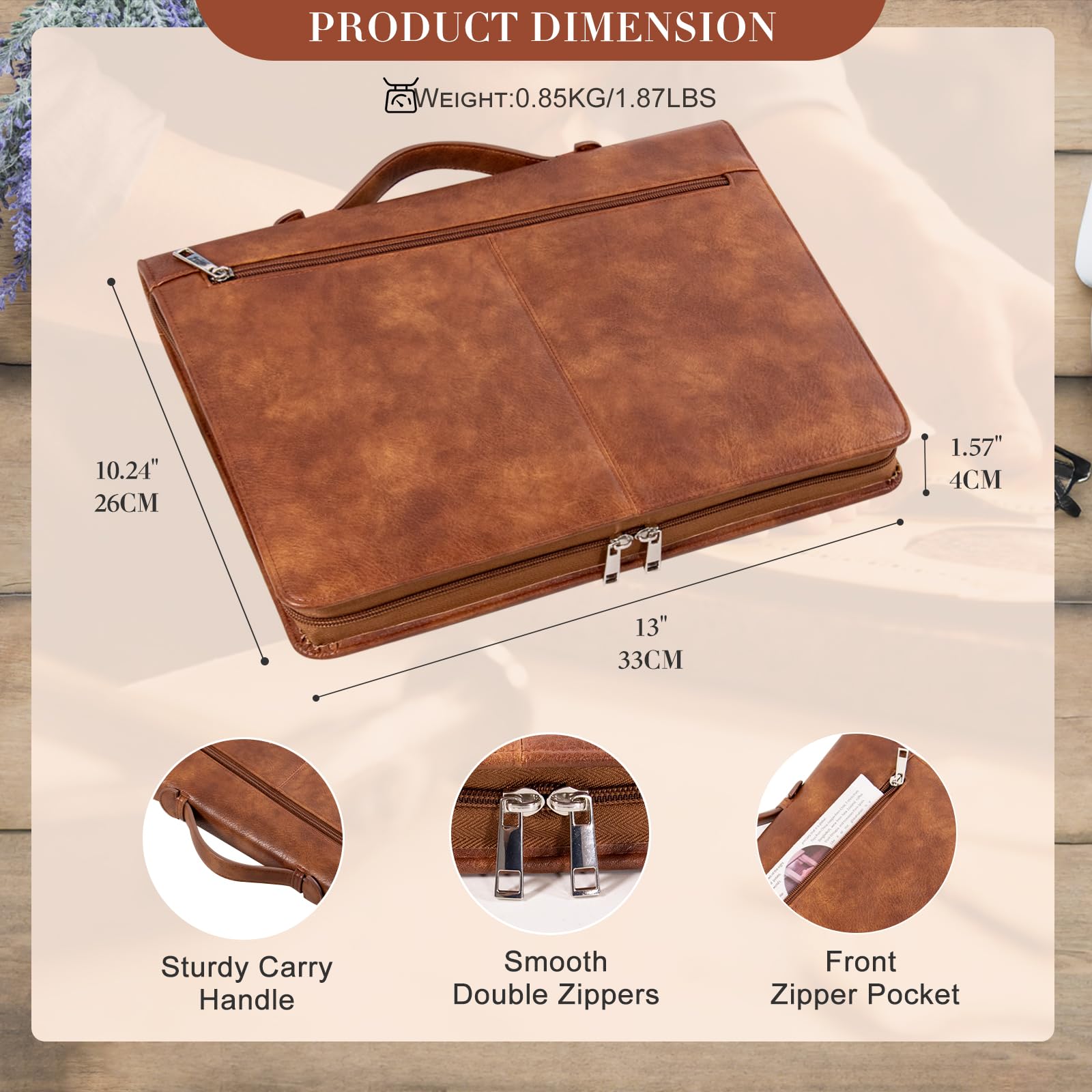 Calfinder Porte-documents A4 en cuir synthétique de qualité supérieure avec poignée de transport, porte-documents avec fermeture éclair, pour le travail quotidien ou les réunions, marron rétro