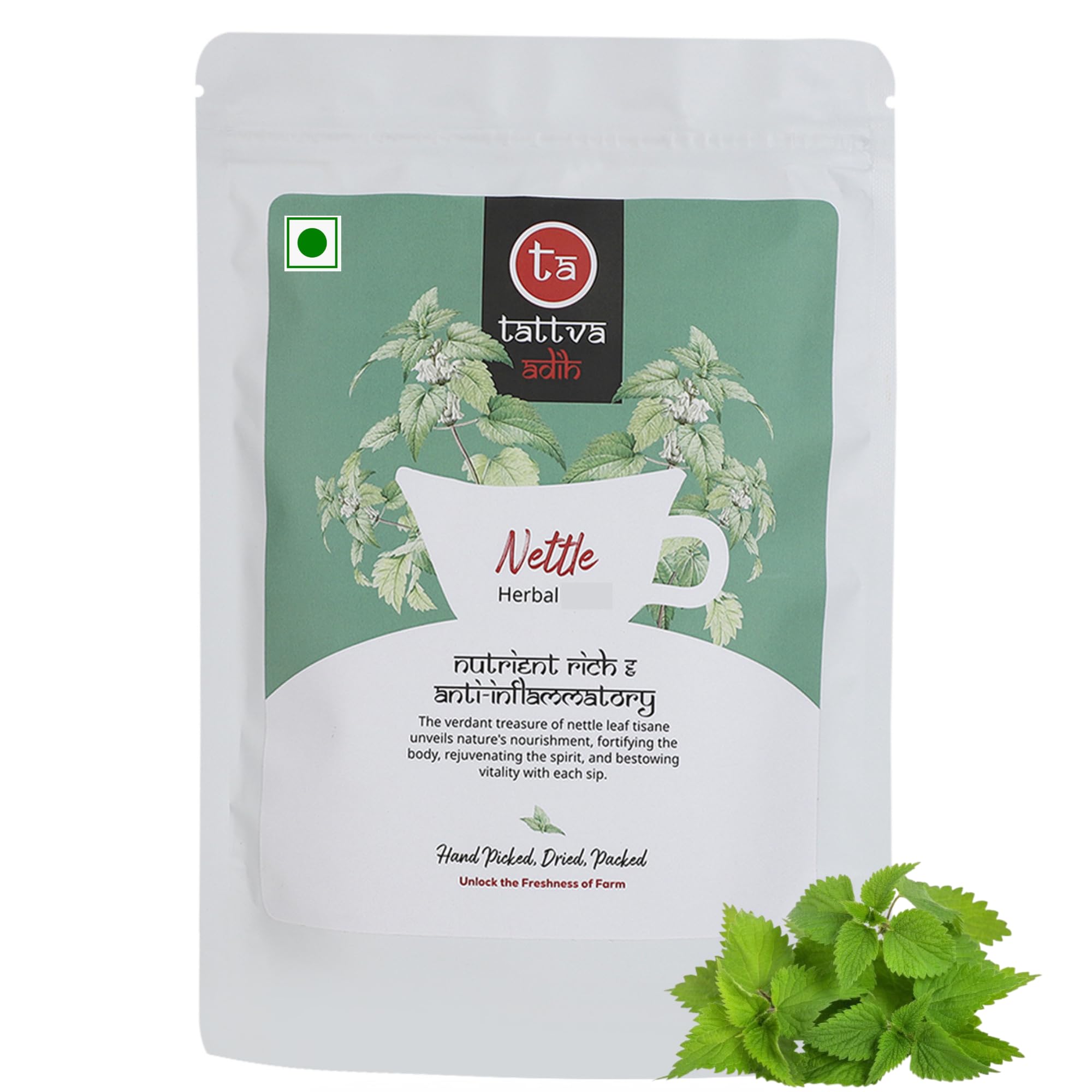 "Tattva Adih Himalayan Stinging Nettle Leaf Herbal Infusion, 50gm Pouch, 30+ Cups, Anti-Inflammatory, Caffeine-Free Dried Loose Leaf, Supports Immunity, Natural Ingredients Soothing Hot Drink, Single Ingridient "