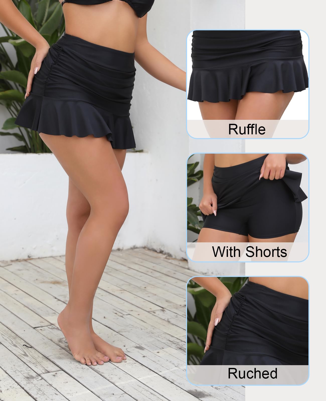 Halcurt Faldas de natación de cintura alta con volantes para mujer con control de abdomen corto, parte inferior de bikini fruncida