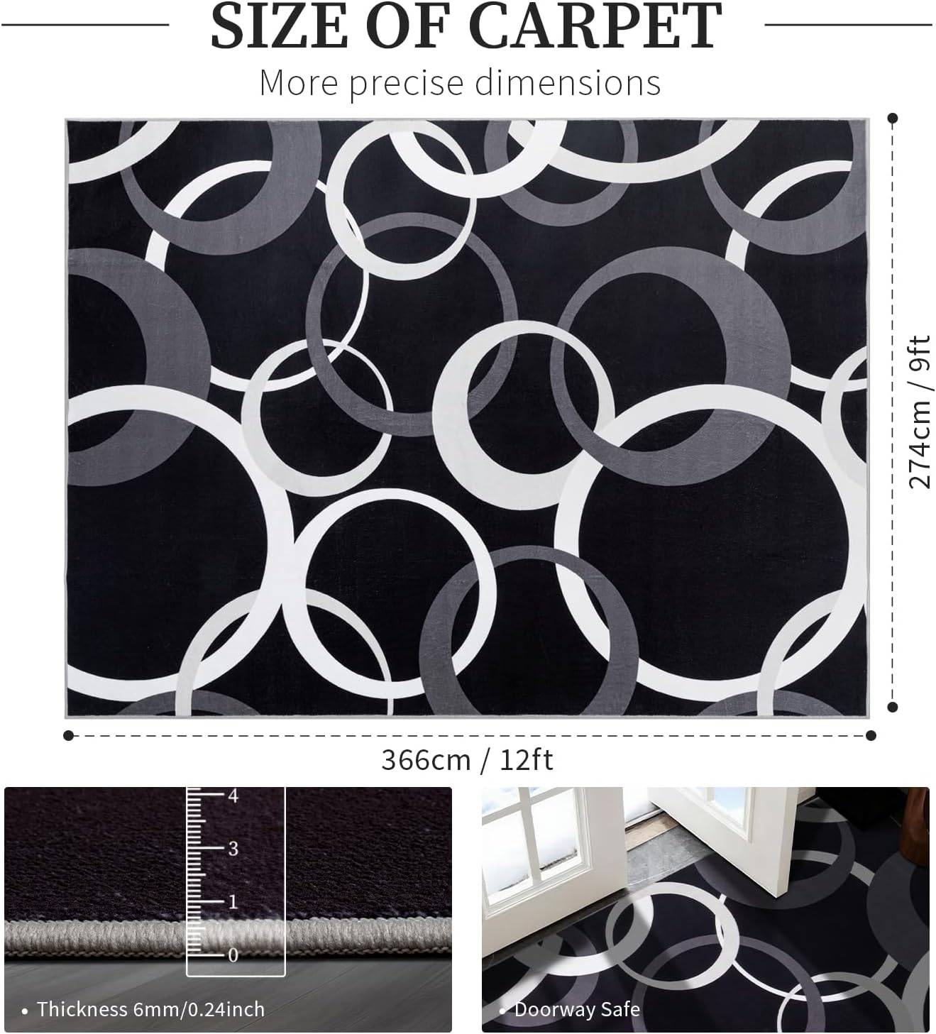 YIHOUSE 9x12 Ft Area Rugs, Concentric Circle Carpet Washable Rug, Black and White Geometric Design Rug for Extra Large Living Rooms, Great Rooms, Commercial Spaces Office Decor, Nonslip Non-Shedding