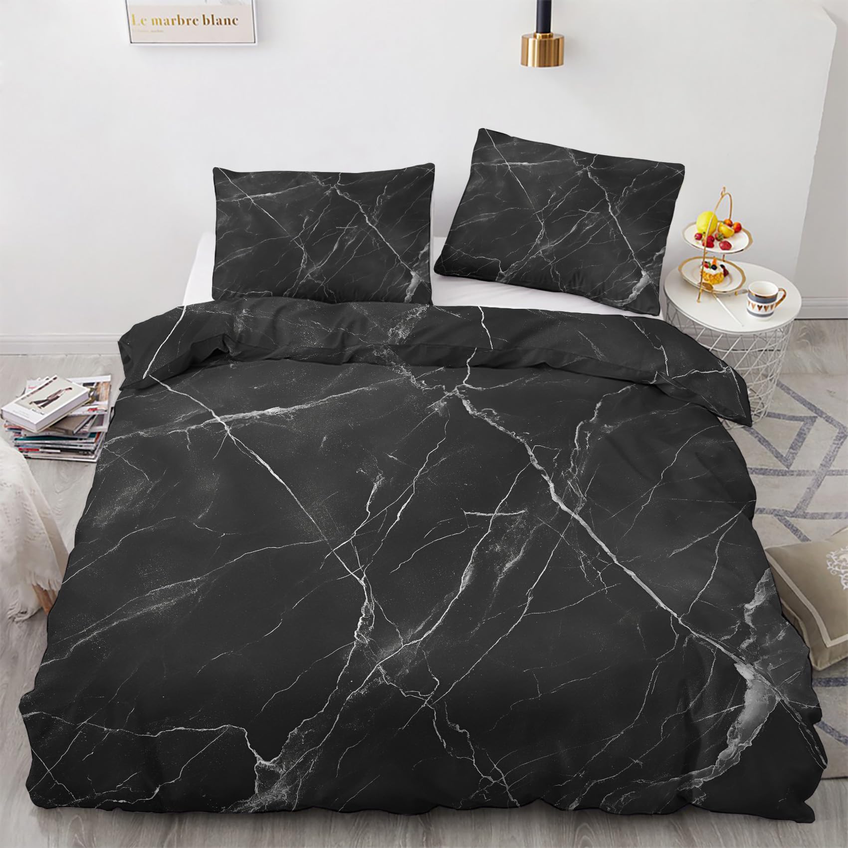Nogawa Multicolor Black Marble Bedding Double - Abstract Duvet Cover Double, Reversible Quilt Cover & 2 Pillowcases With Zip And Ties, Ultra Soft And Breathable Brushed Microfibre Bed Set