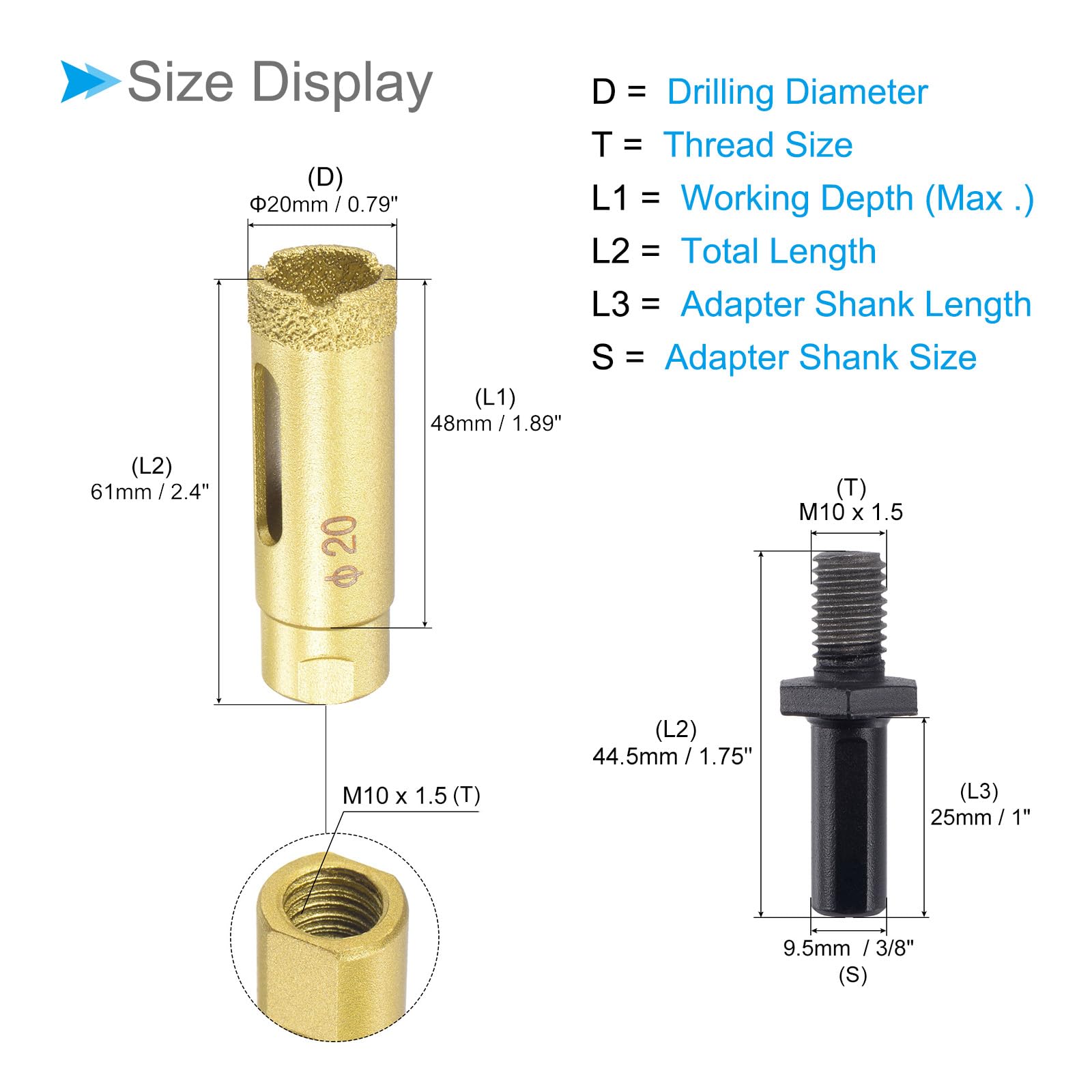 CoCud Diamond Drill Bits Set, 20mm Cutting Diameter, Brazed Diamond Core Drill Bits with M10 Arbor Adapter - Image 2