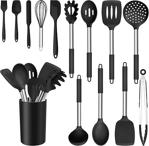 E-far Juego de utensilios de cocina de silicona de 14 piezas, juego de utensilios de cocina con soporte, espátula, cucharón, cuchara, pinzas,
