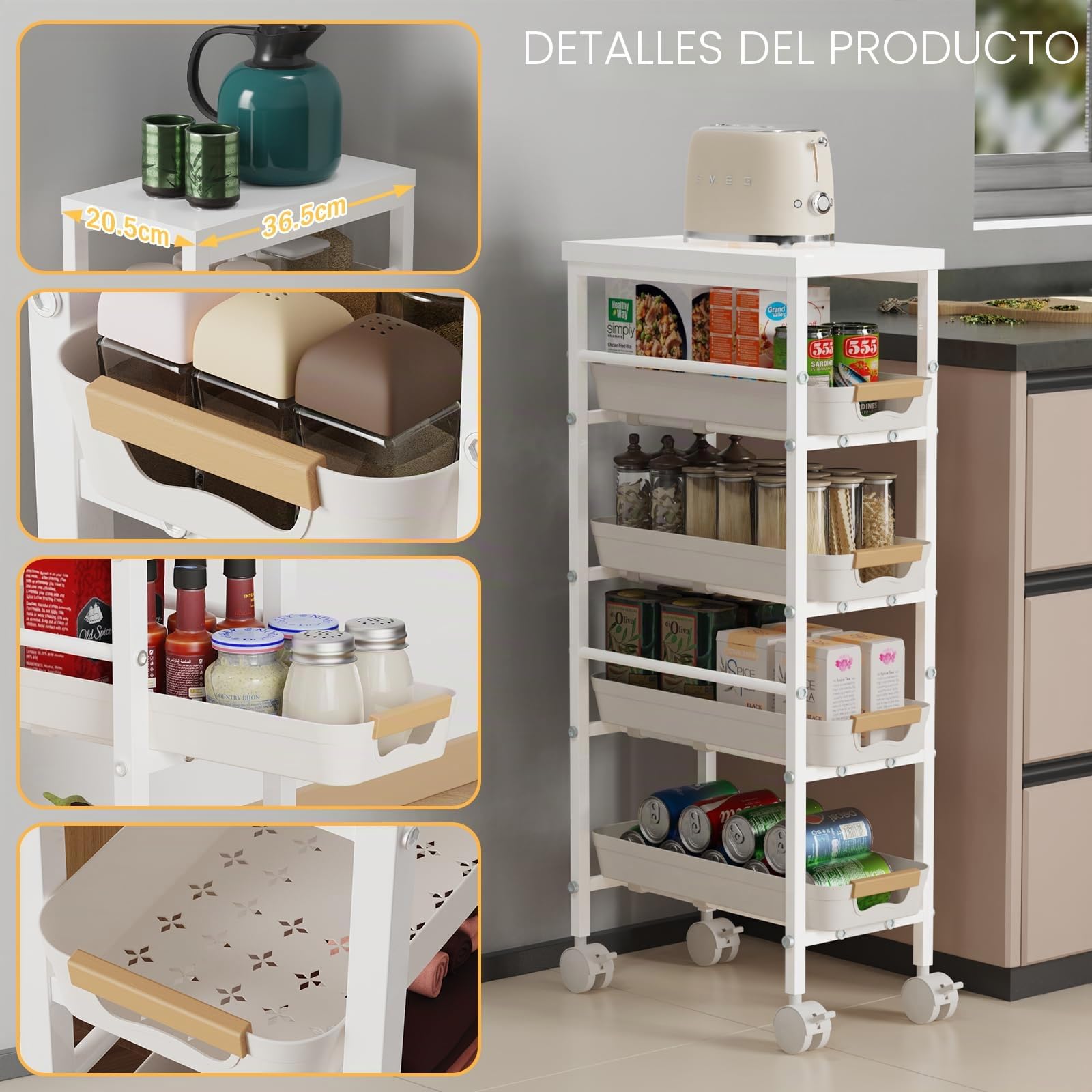 DROMEZ Carrito Auxiliar con Ruedas Estrecho 20 cm, 5 Niveles Metal Blanco | Carro Cocina con 4 Cajones, Tablero Superior y Frenos para Bano, Lavadero u Oficina Compacta, 38x20x81cm