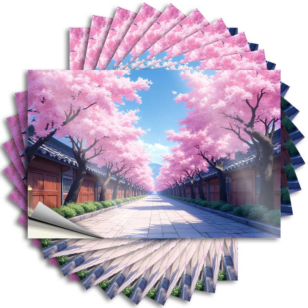 Fzfn Men's Colour Lettering Sticker Bumper Square Sakura Trees In Bloom Along The Cobblestone Path For Math - Vintage Decor Easy Peel Removable(6X9cm)