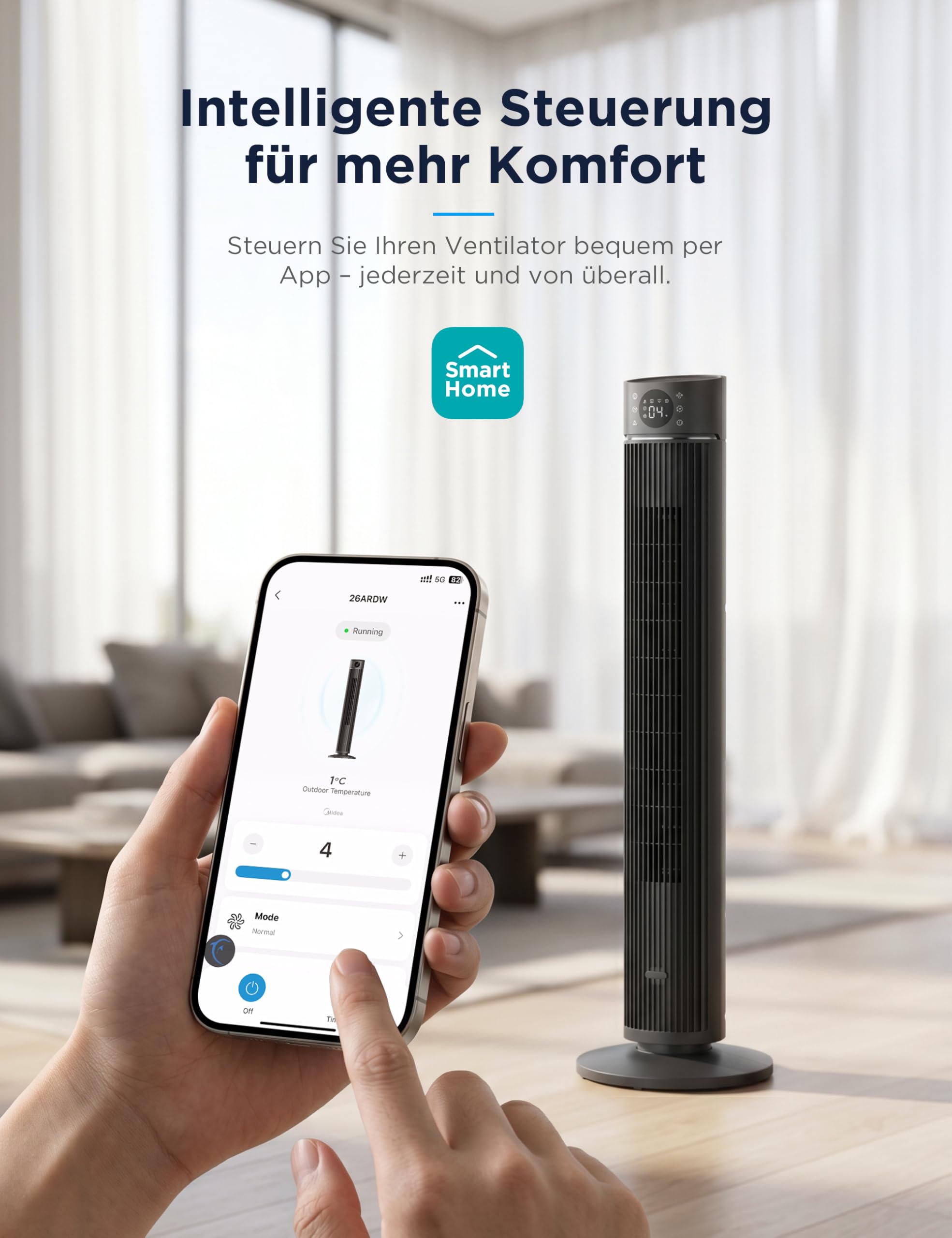 Midea FZ10-26ARDW Smart Turmventilator, 19 dB flüsterleise, DC-Motor, 4 Modi & 12 Stufen, 24h Timer, App-Steuerung, Schwarz, 105cm