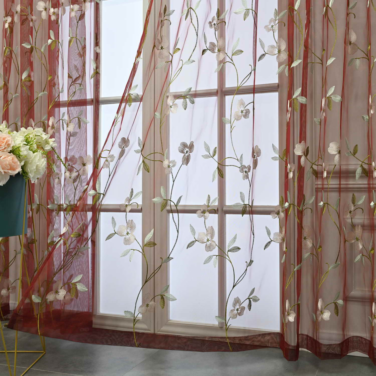 pureaqu Floral Embroidered Sheer Window Curtains for Living Room 63 inches Length Country Rustic Voile Sheer Window Tulle for Girls Bedroom/Sliding