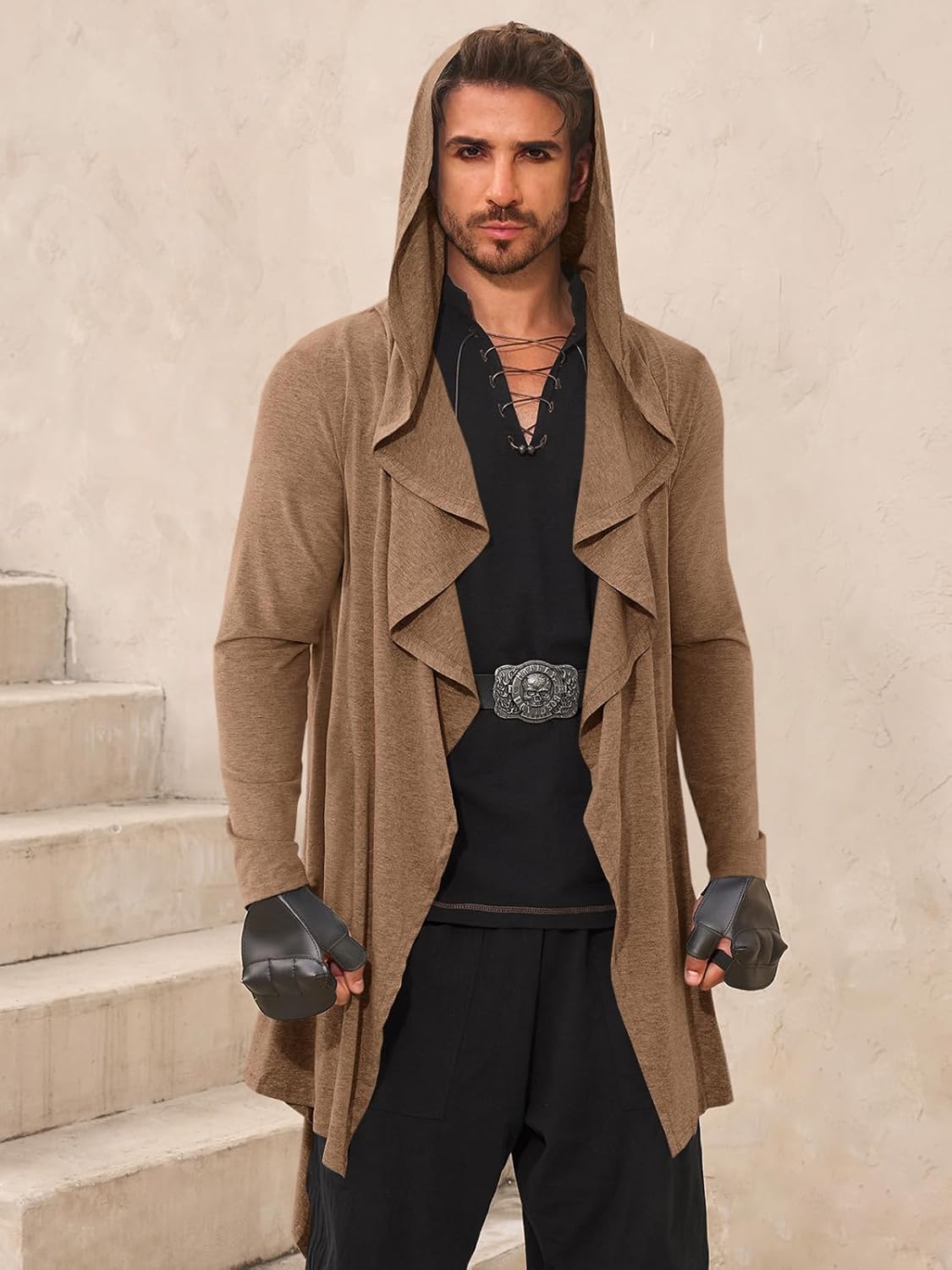 Runcati Mens Long Hooded Cardigan Ruffle Shawl Collar Open Front Long Sleeve Lightweight Drape Robe - Image 2