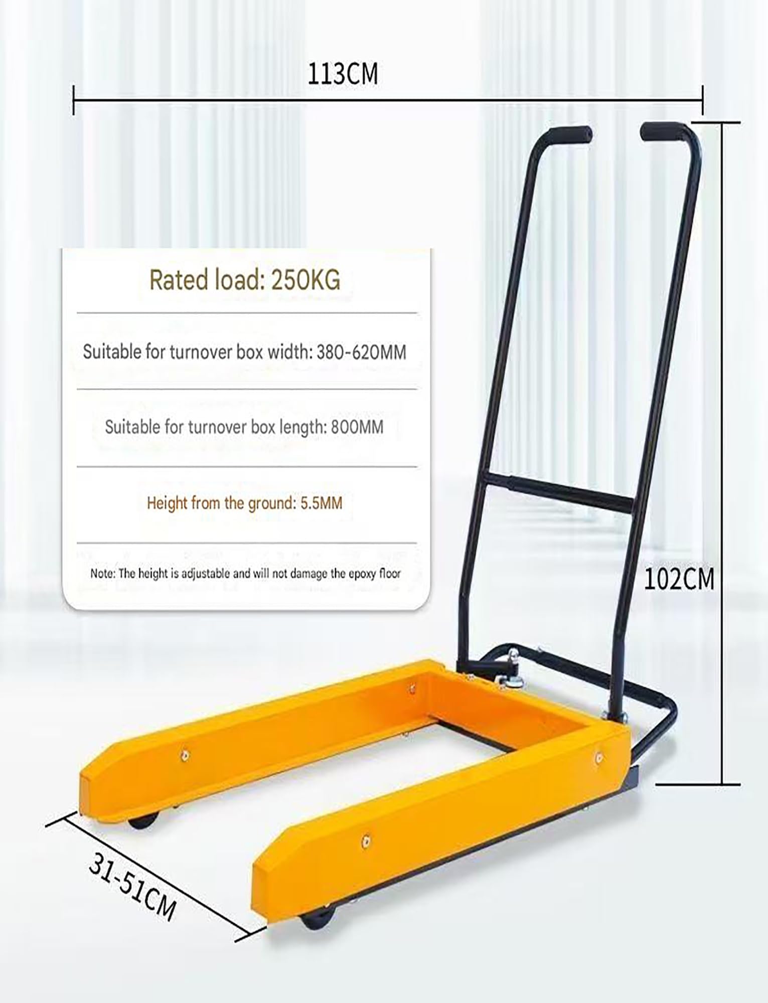 Carretilla manual, for for contenedores de 14,96 a 24,41 pulgadas de ancho y 31,5 pulgadas de largo. Carretilla elevadora con cesta acuática de altura ajustable. Carretilla de movimiento práctica.