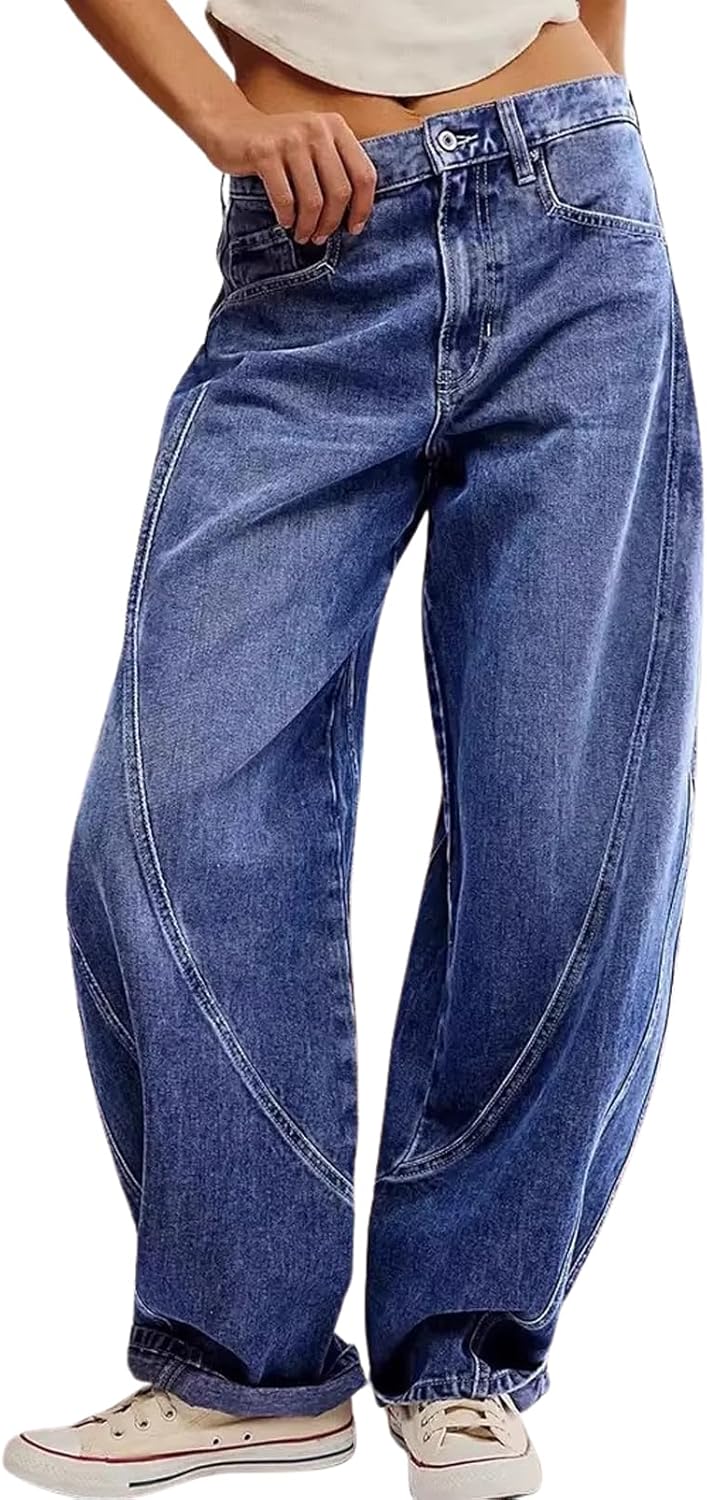 chouyatou Women Baggy Wide Leg Barrel Jeans Y2K Boyfriend Mid Rise Polka Dot Printed Denim Palazzo Pants