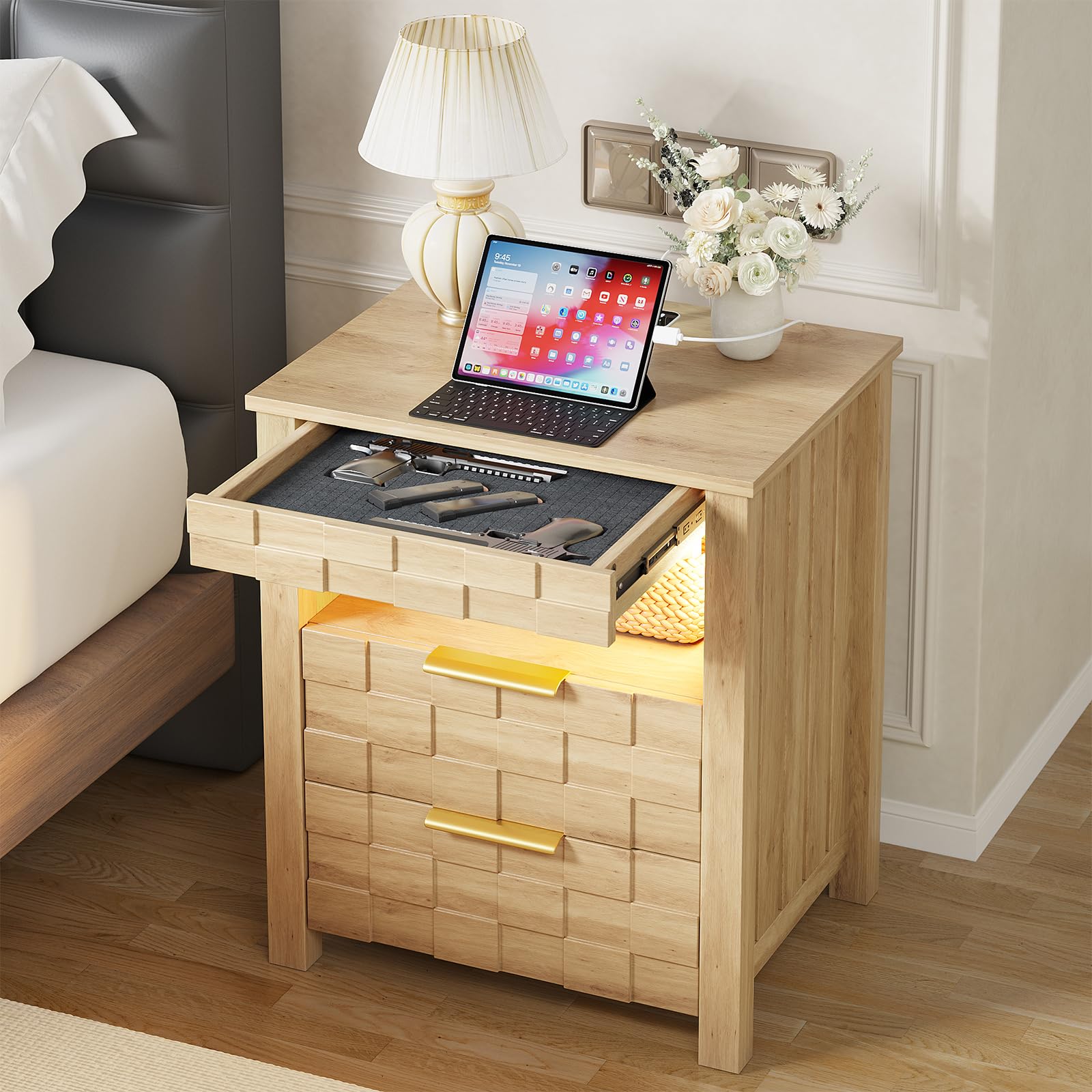 Dystler Nightstand with Gun Drawer - Bedside Table with Charging Station and 2 Drawers, Smart Side Table with 3-Color Human Sensor LED Lights for
